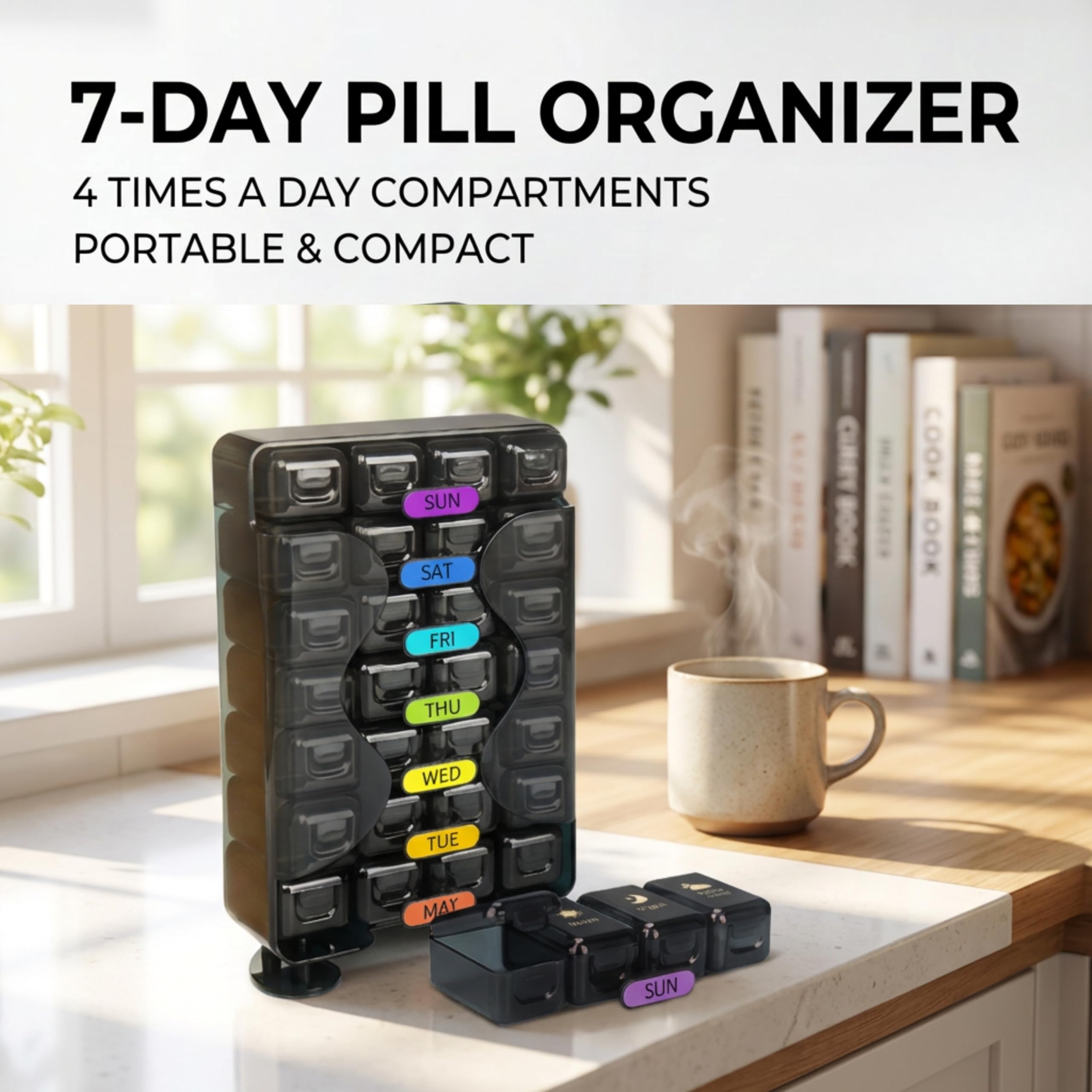 Big Premium Medicine organizer- Medicine organizer box- 7 days Pill Box For Home-Pill Organizer Case With Large Compartments, Portable for pills & Supplements (Black, Standing (4 Compartment)) 1