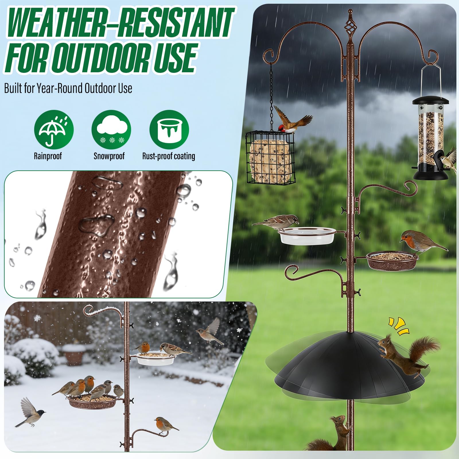 Station d’Alimentation pour Oiseaux avec Pare-Écureuil, Support Mangeoire Oiseaux avec Crochets et Plateau, pour Oiseaux Sauvages, Jardin, Balcon, Terrasse et Cour