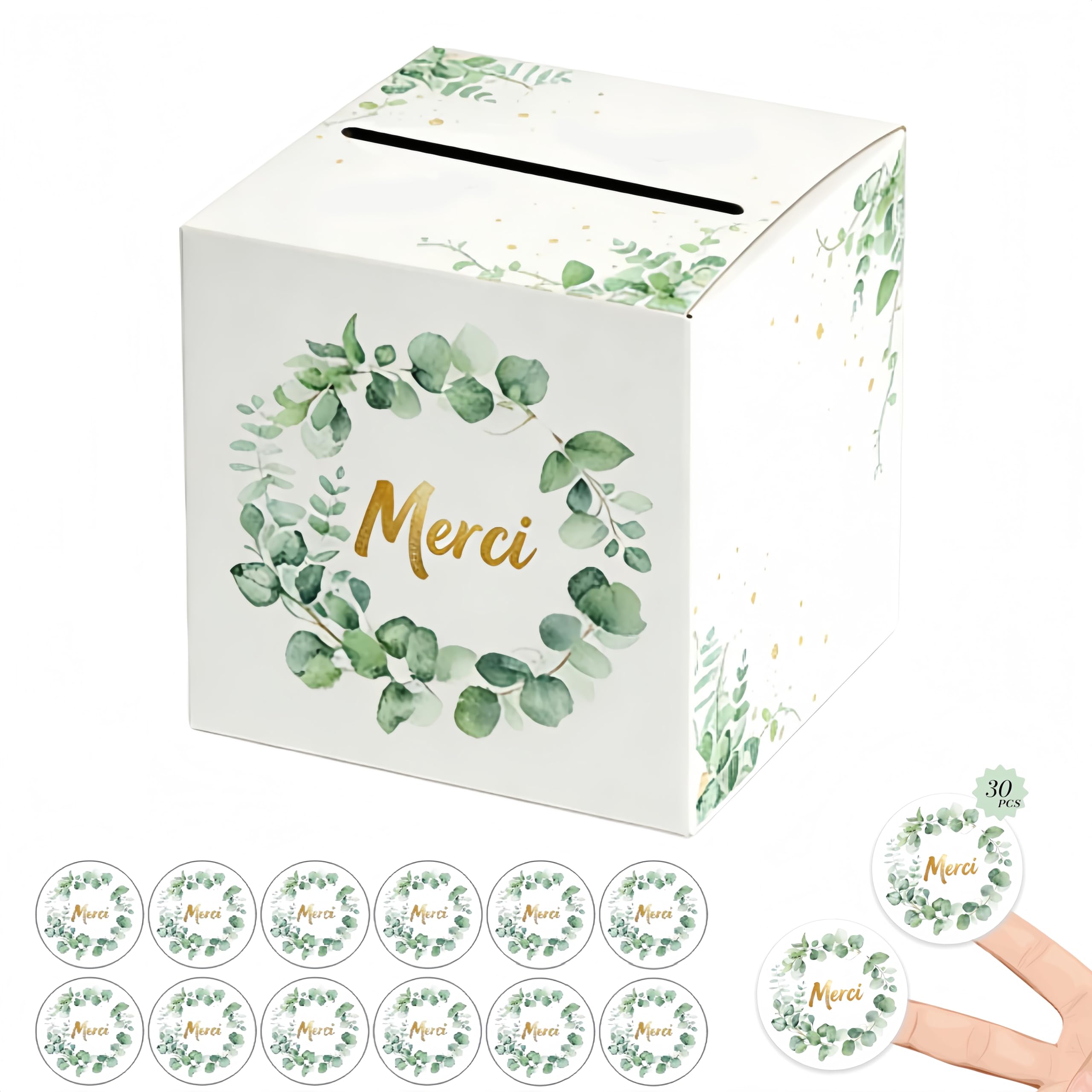 Caja de tarjetas de boda +30 piezas gracias pegatina, urna boda cartón blanco, caja de sobres de tarjetas, para boda, bautizo cumpleaños (22 cm)