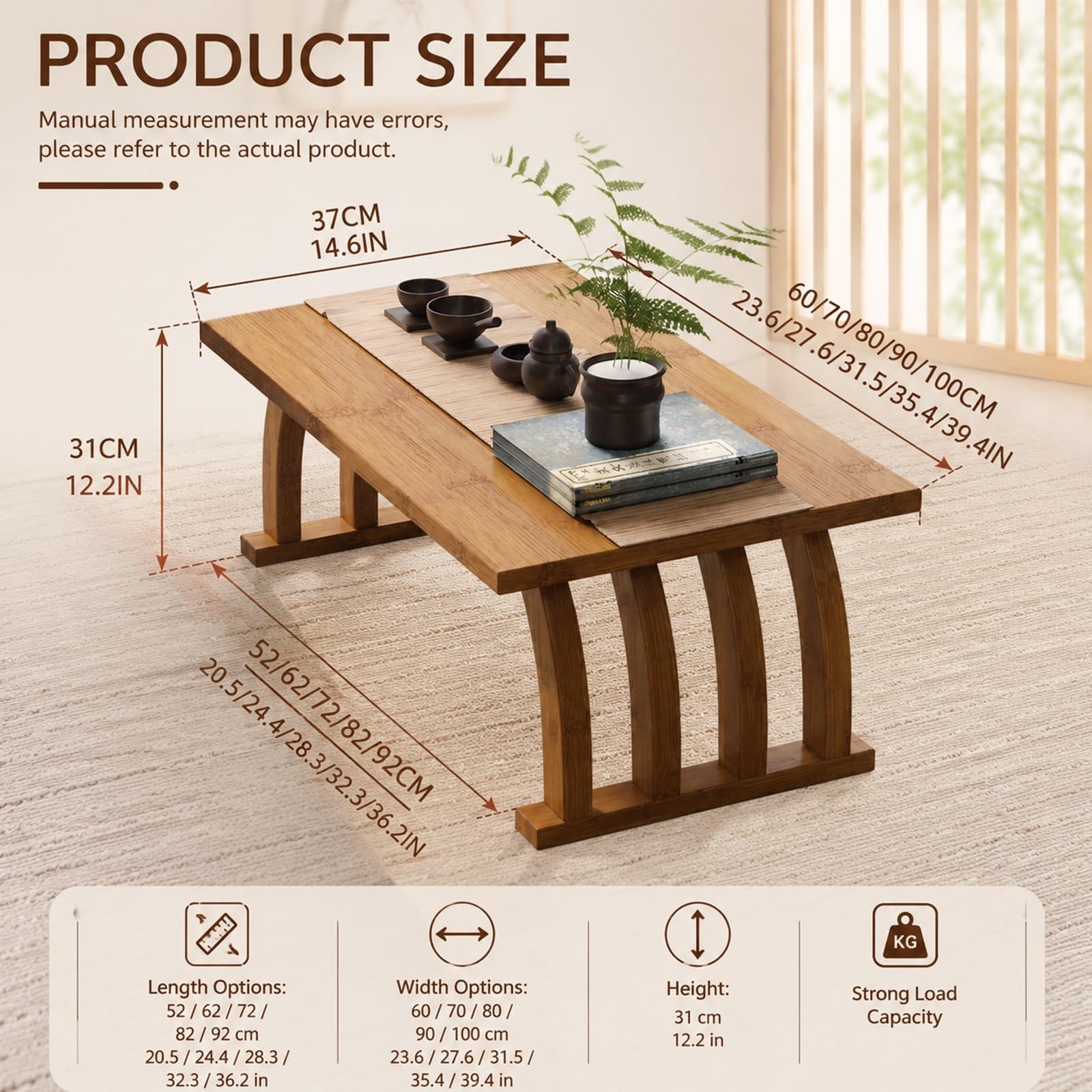 Tavolino da Caffè Tatami Giapponese，Tavolo Basso in Massivo per Soggiorno | Tavolino da Tè Tatami In Massivo，Tavolo Basso Giapponese per Soggiorno e Sala da Tè(90cm (35.4in))