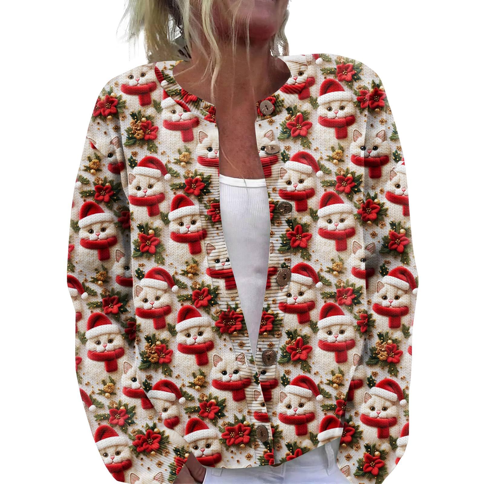 Christmas Sweaters for Women Cute Funny Xmas Open Front Button Down Cardigan Fall Winter Long Sleeves Knitted Sweater