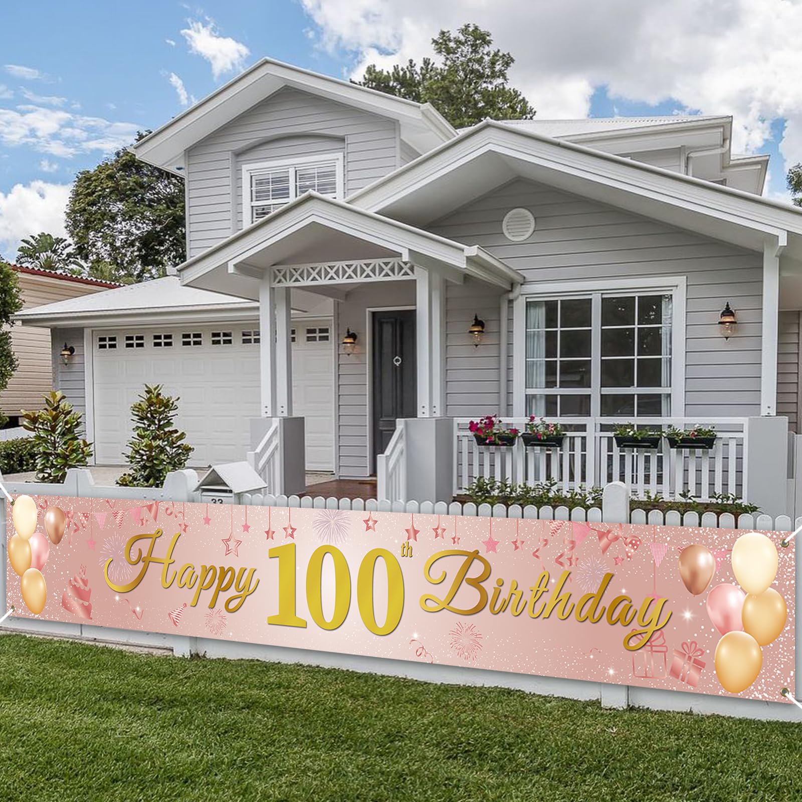 PartyYaa 100th Birthday Banner, Happy 100th Birthday Banner Decorations, Extra Large Party Photo Booth Long Background Decor Sign Poster for Men Women (Rose Gold)