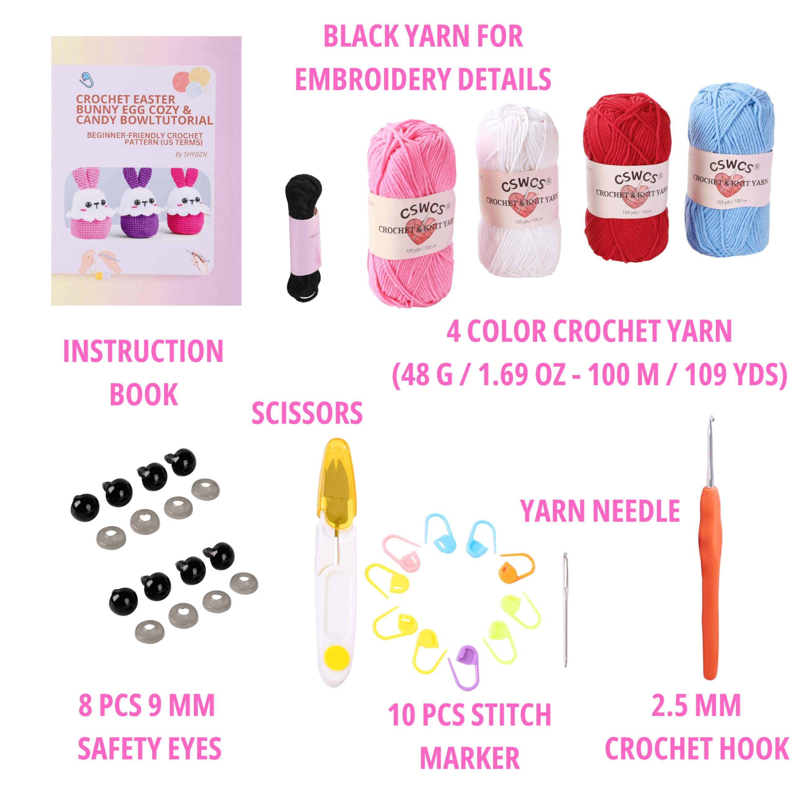 CSWCS Kit de ganchillo para principiantes, kit de ganchillo fácil de principiantes para adultos y niños, regalos de manualidades de amigurumis con hilo, gancho y tutorial de video, suministros de