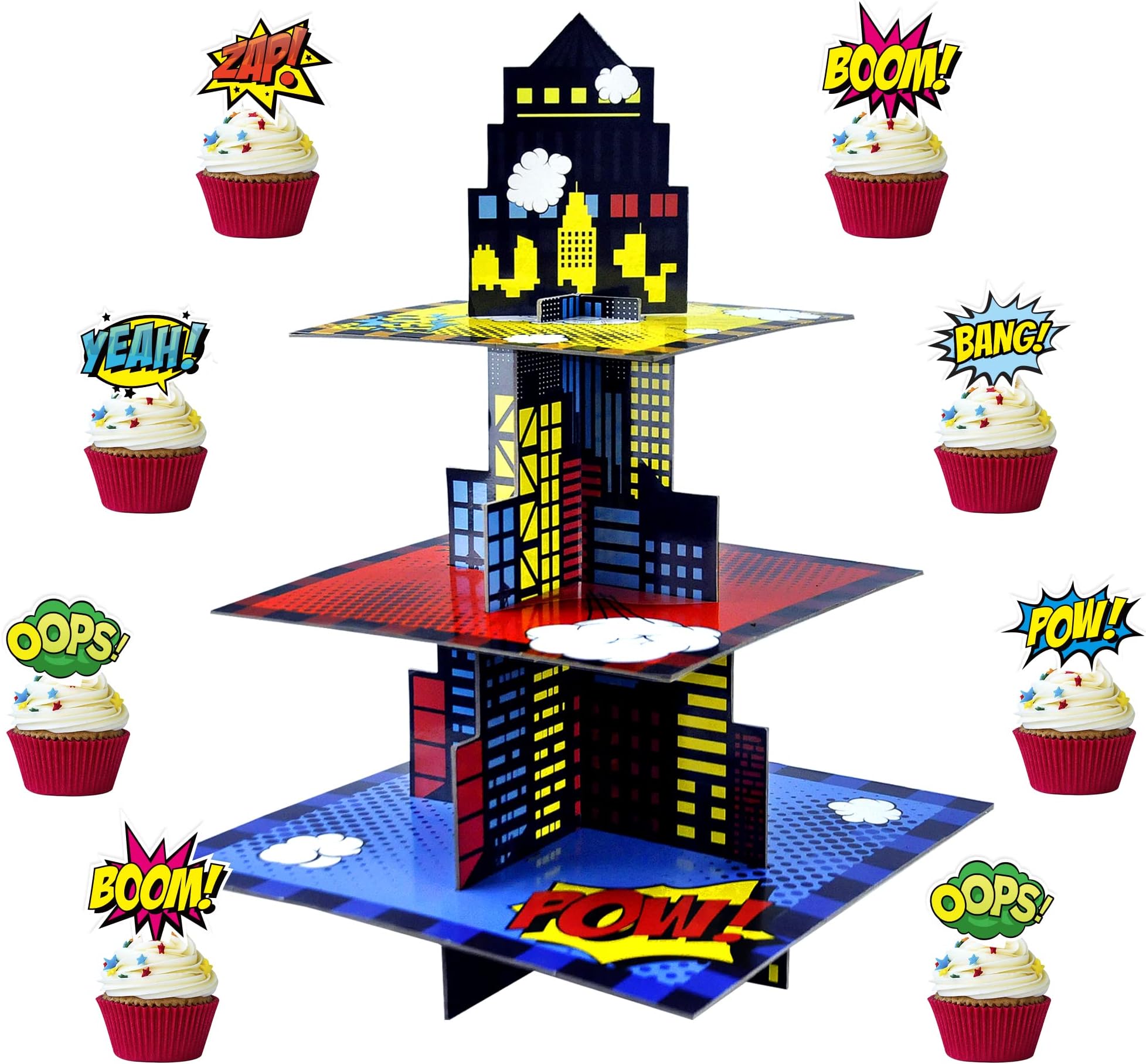 AnimscoSuperhero Cupcake Stand with 24pcs Superhero Cupcake Toppers Superhero Party Decorations Cupcake Tower for Boys Superhero Birthday Party Supplies
