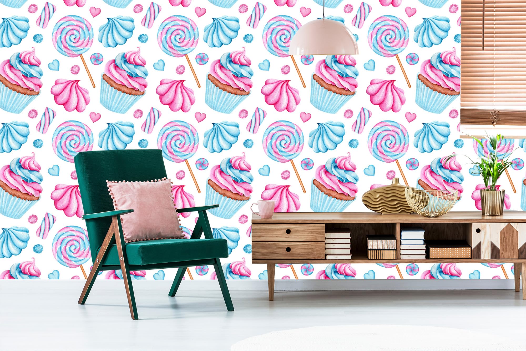 Vliestapete Bunte Cupcakes und Lollis 50 x 1000 cm | Appetitliche Genussdarstellung; Lebendige Küchenkulisse; Frischer Farbakzent; Kleister im Set