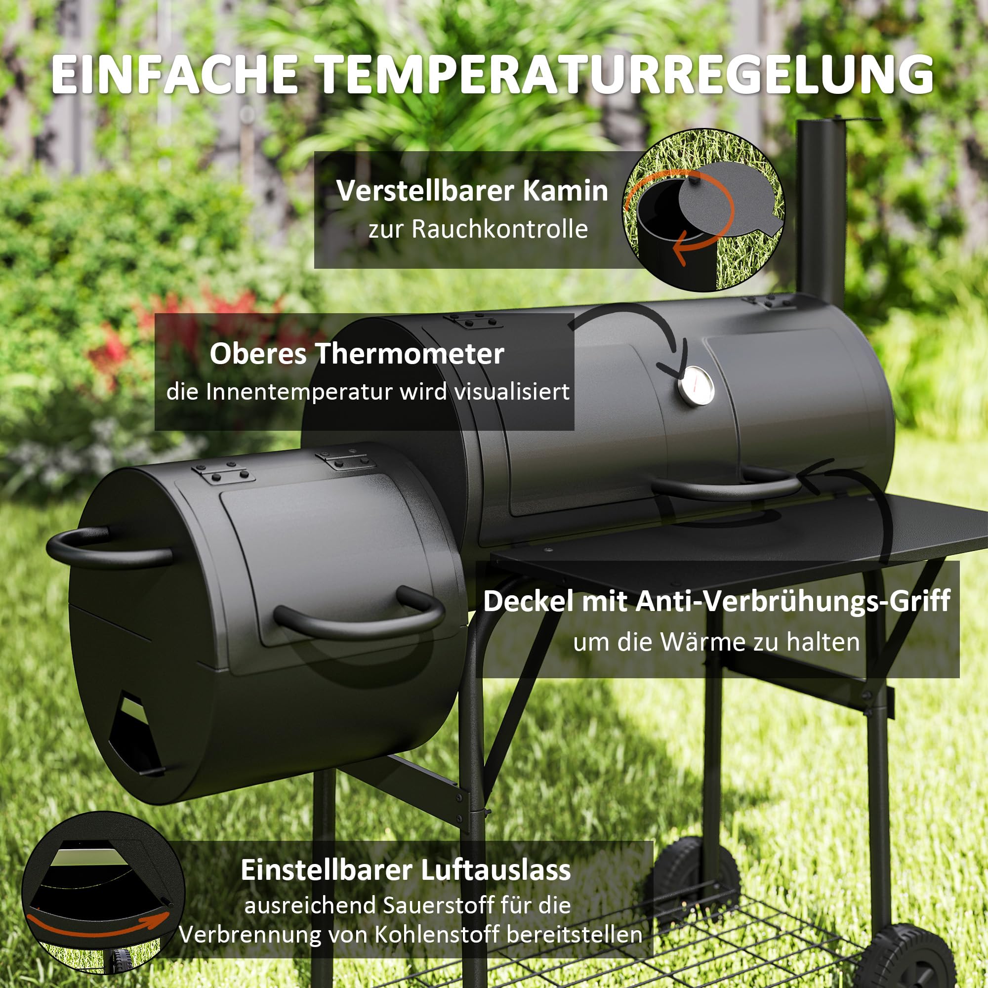 Outsunny Grill na węgiel drzewny ze stali, BBQ Smoker z pokrywką, termometr, kółka, wózek na kółkach z dopływem powietrza, pojemnik na węgiel węglowy, na kemping, do ogrodu, 109 x 60 x 120 cm