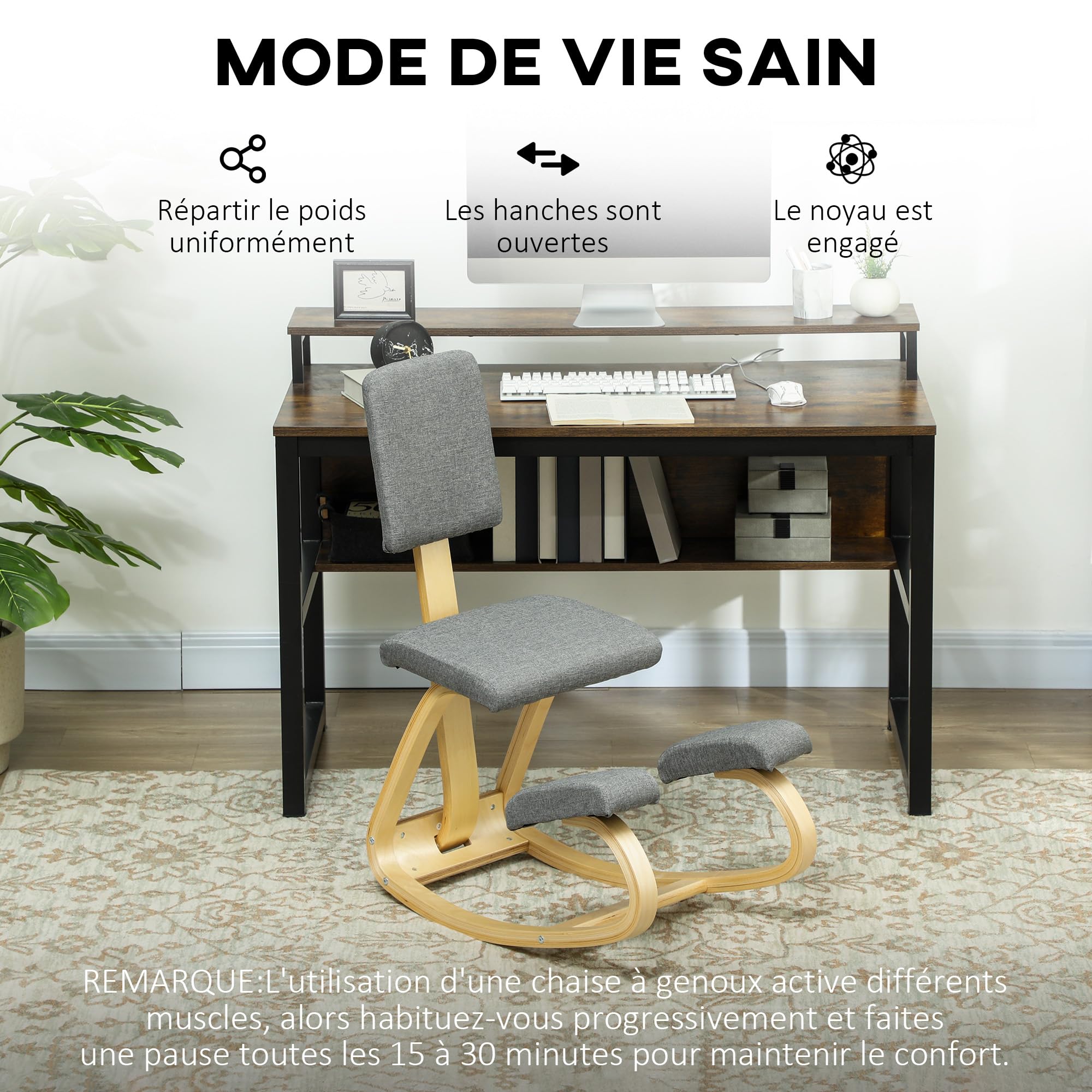 HOMCOM - Silla ergonómica para rodillas, con respaldo, asiento de rodillas, taburete ergonómico de madera, taburete ortopédico, corrector de postura, aliviar el dolor de espalda, gris