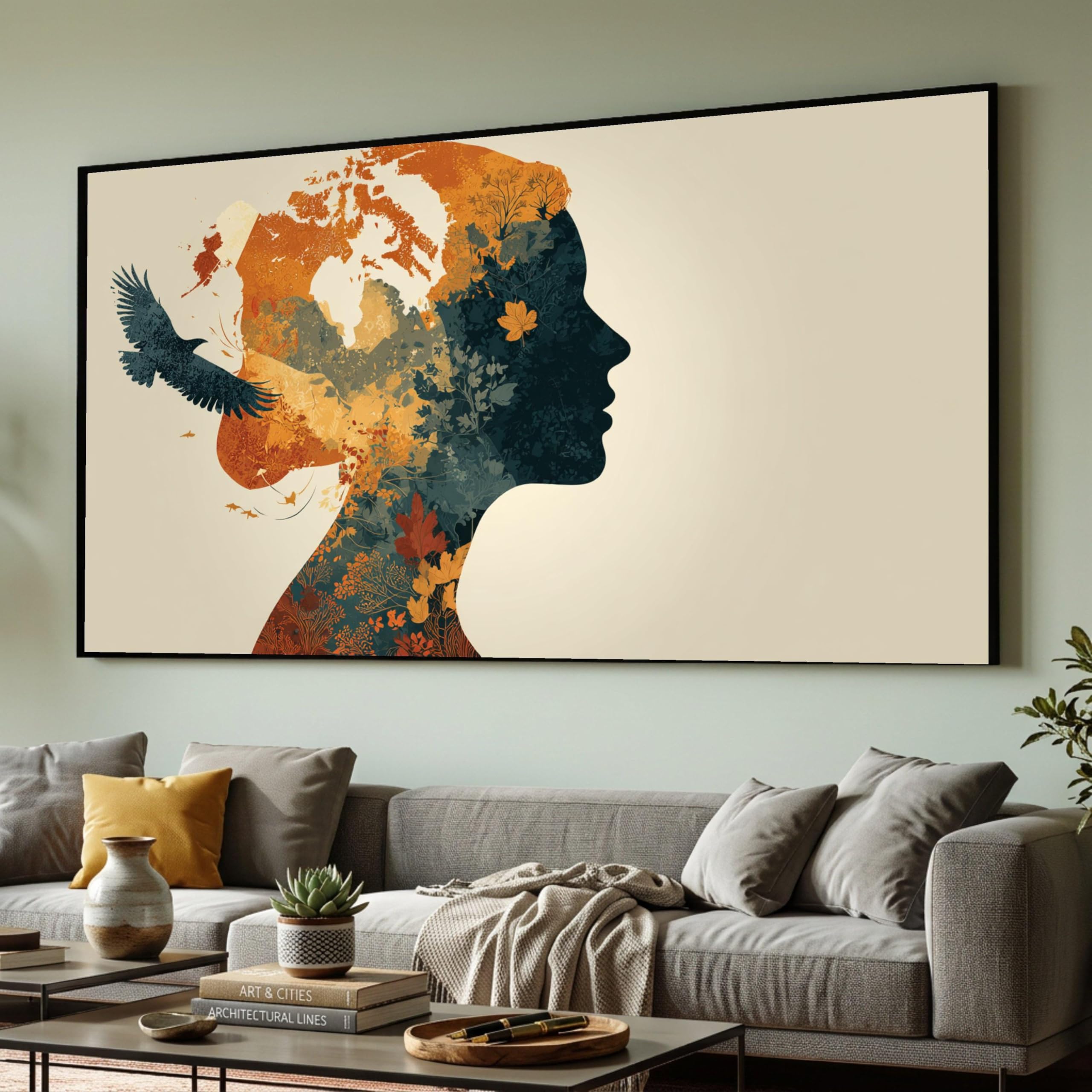 CAOXTART Abstract Woman Silhouette Canvas, Autumn Leaves Art Pictures, Nature Decor, Female Profile Painting, Botanical Artwork(50x90cm/Frameless)