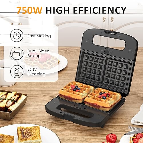 Miniatura 6 de Juego de gofres 3 en 1, parrilla y sándwichero, sandwichero, prensa panini, con placas antiadherentes extraíbles e luces indicadoras, parrilla de