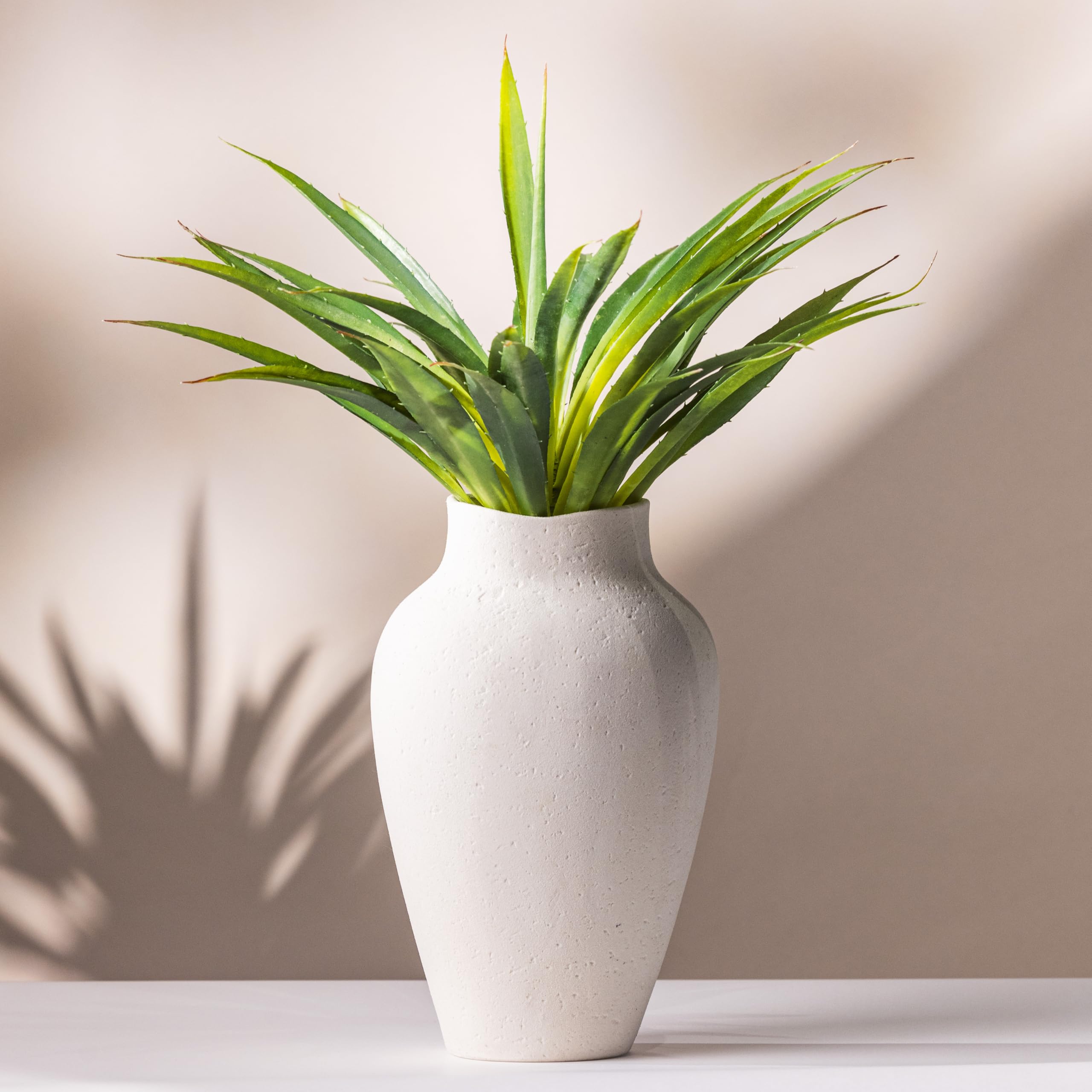 White Textured Ceramic Vase 10.5 Inch with Faux Aloe Plant 19 Inch  Minimalist Vases for Centerpieces