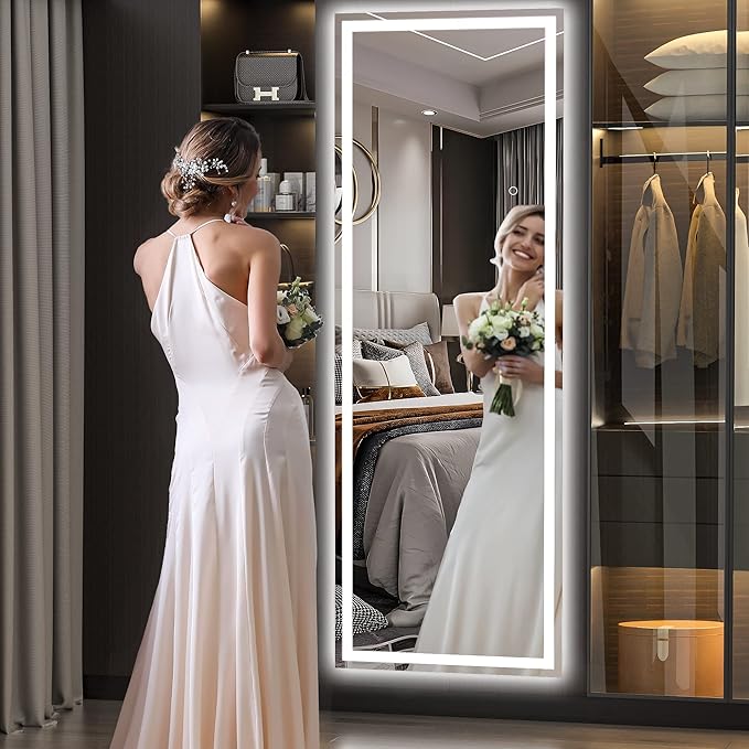 Hasipu Full Length Mirror with Lights, 65" x 22" Lighted Floor Standing LED Mirror Full Length, Full Body Mirror w/Dimming & 3 Color Lighting Square White