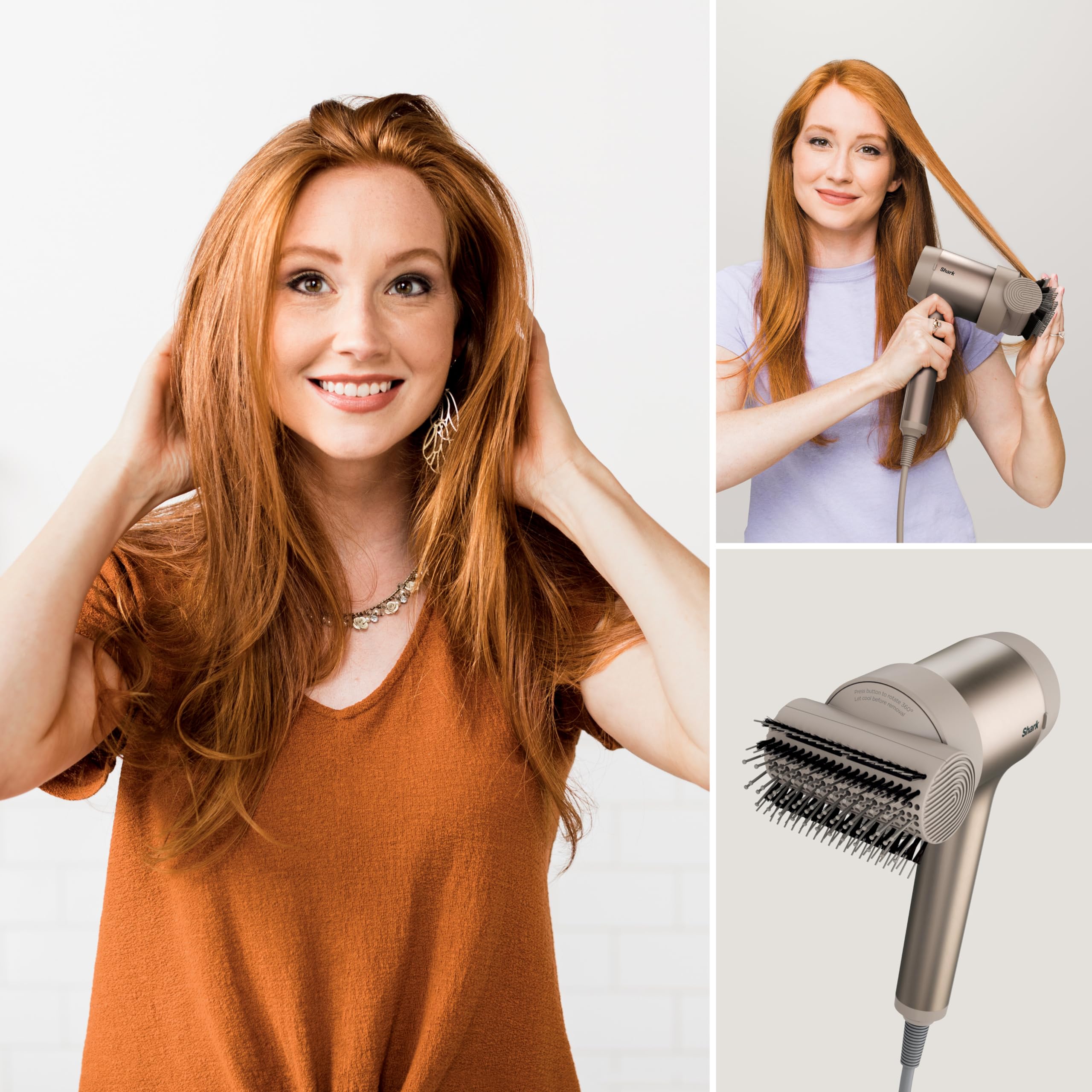 Shark STYLE iQ Sèche-cheveux et styler 3-en-1, brosse de style, concentrateur, diffuseur de boucles, ionique, séchage rapide, sans dommage thermique, diffuseur d'air froid, couleur champagne HD120SLEU