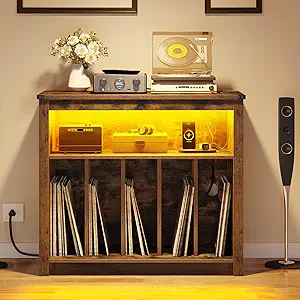 DWVO LED Glow Turntable Stand Storage Cabinet with Integrated Power Ports & Rotating Display Racks | Modern Album Organizer for Living Room Turntable Setup, Vintage Brown