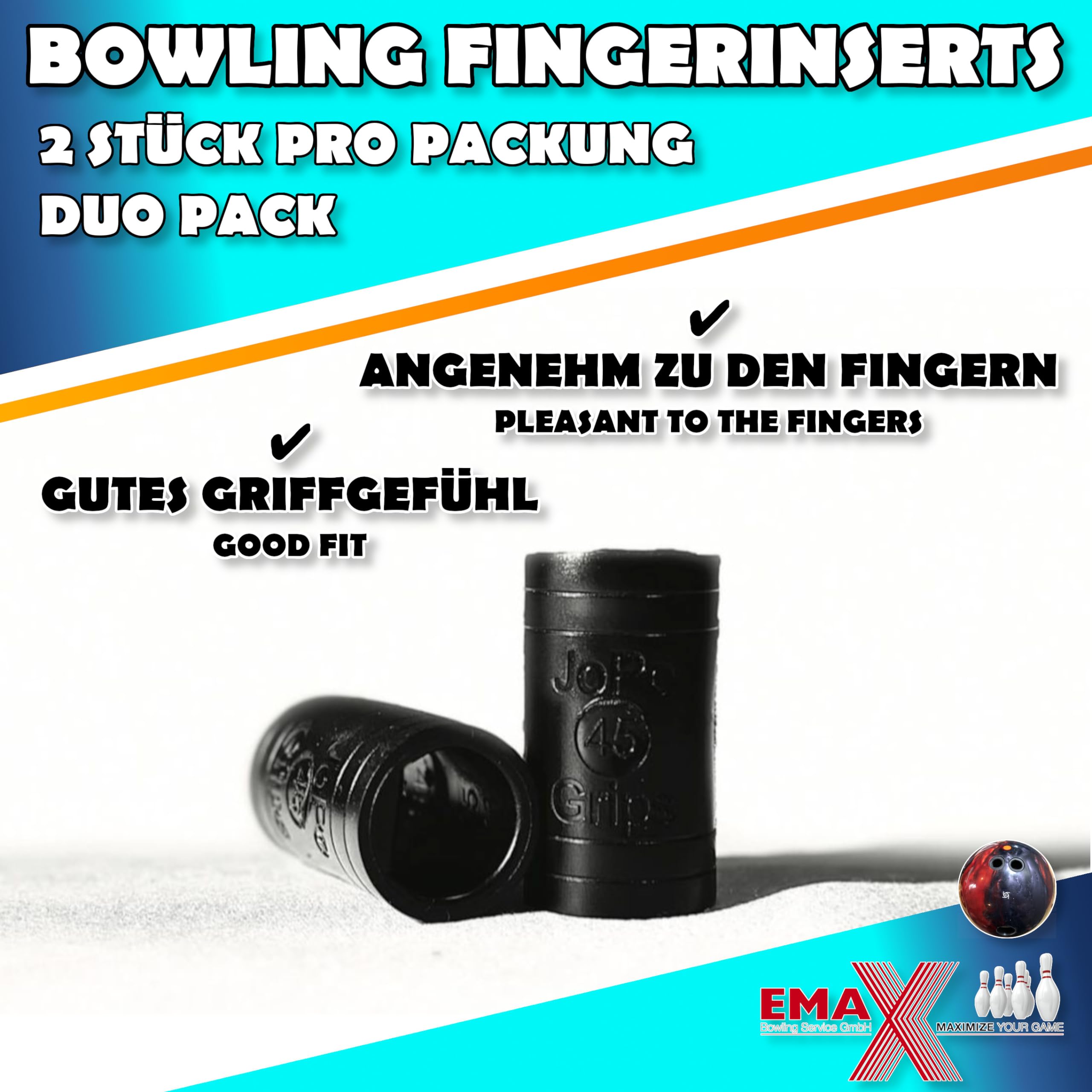 EMAX JoPo Grips Inserts de bowling Power ovale/ovale Nub - Lot de 2 inserts de doigts avec picots - Noir