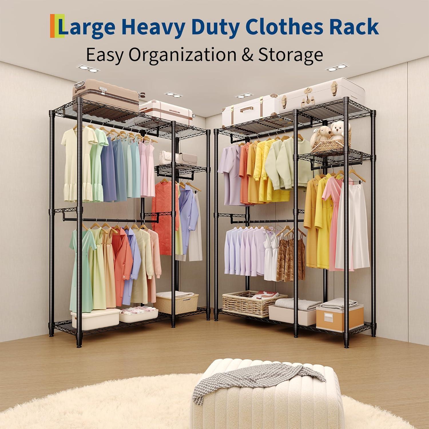Freestanding Clothes Rack for Hanging Clothes, Heavy Duty Garment Rack Loads 700LBS with 3 Hanging Rods and Adjustable Wire Shelves, Portable Closet Wardrobe Organizer, 76.5"H x 41.6"L x 15.5"W, Black