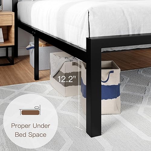 Miniatura 6 de Marco de cama de metal tamaño individual con cabecera tapizada, diseño geométrico de cuero de grano litchi, no necesita somier, color negro