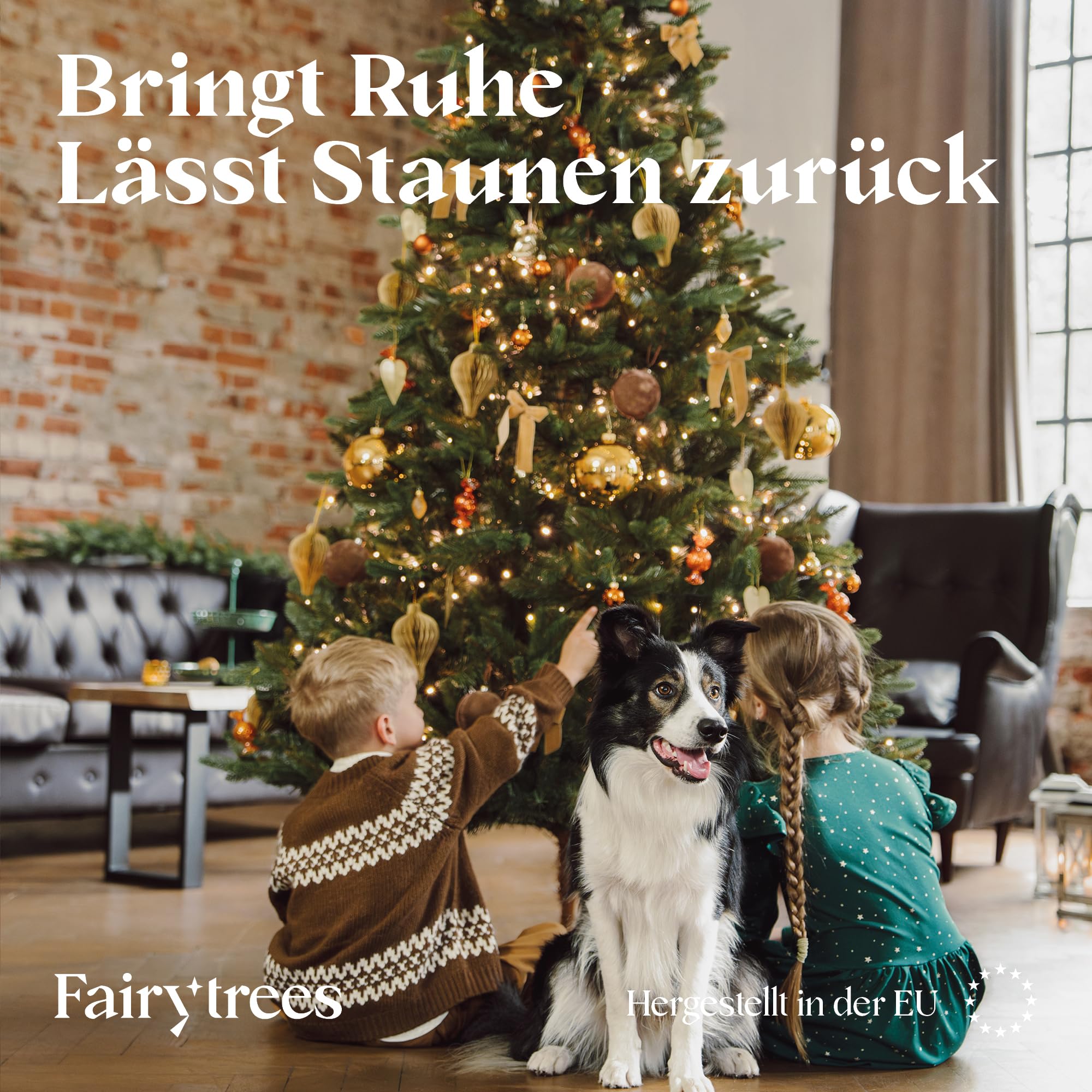 FAIRYTREES Weihnachtsbaum künstlich, Nordmanntanne Premium 180 cm, Naturgetreue Spritzguss Elemente, Made in EU, Künstlicher Weihnachtsbaum mit handgefertigtem Ständer aus Eschenholz