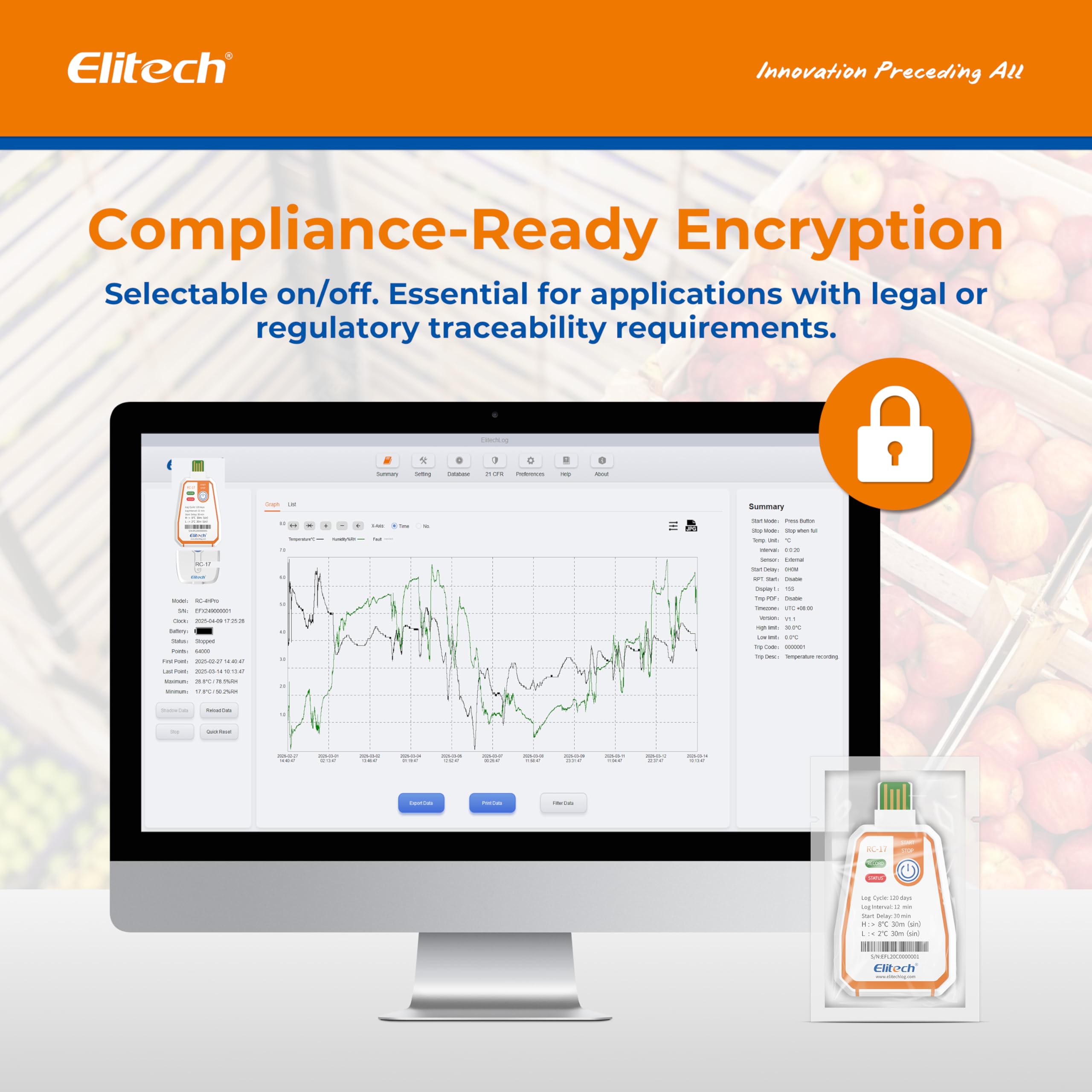Elitech Enregistreur de Température USB à Usage Unique RC-17 5Pcs, Paramètres Réglables, Enregistrement 120 Jours pour Chaîne du Froid Aliments Médicaments, Étanche IP67, Export Auto PDF