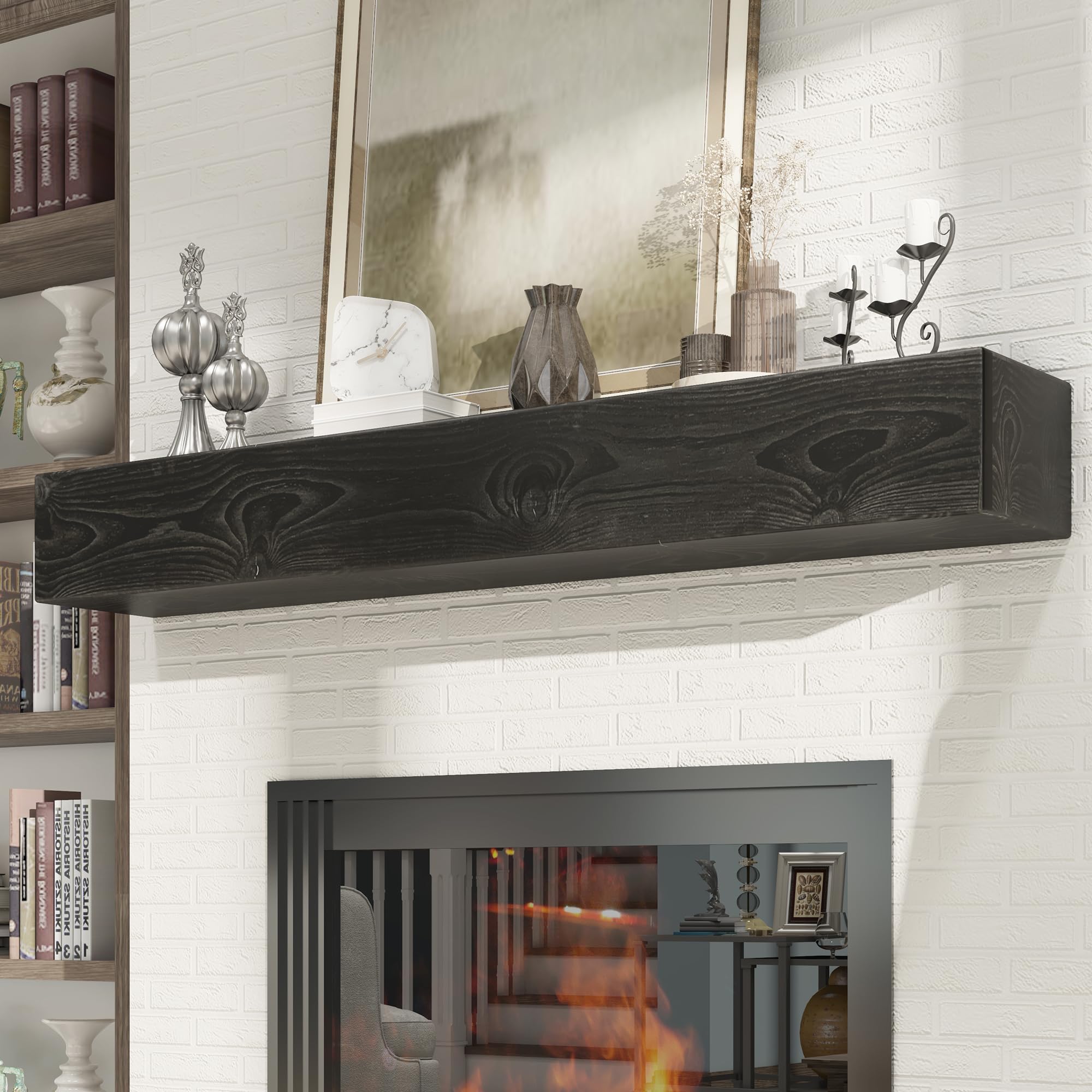 Woodlands-USA 48 Floating Fireplace Mantel Wood Shelf, Rustic Mantels For Over Fireplace, 48 Inches Wall Mounted Handcrafted Mantle Shelf - 48 Fireplace Mantel Shelves, Farmhouse Charcoal Gray