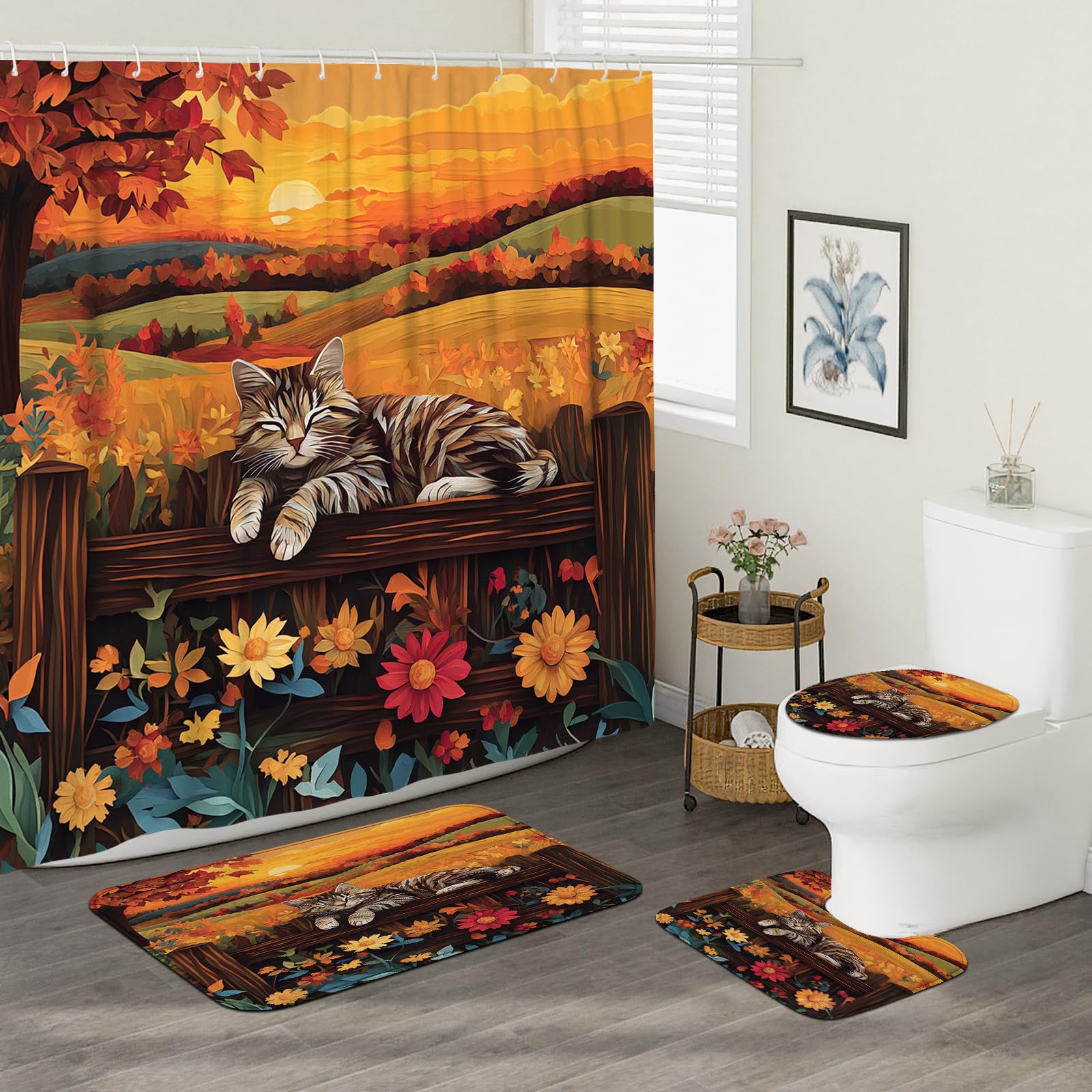 4PCS Fall Cats Kitten Bathroom Accessory Sets with Non-Slip Rug, U Shape and Toilet Lid Cover Mat, Autumn Country Fence Bathroom Fabric Decor-72''x72''