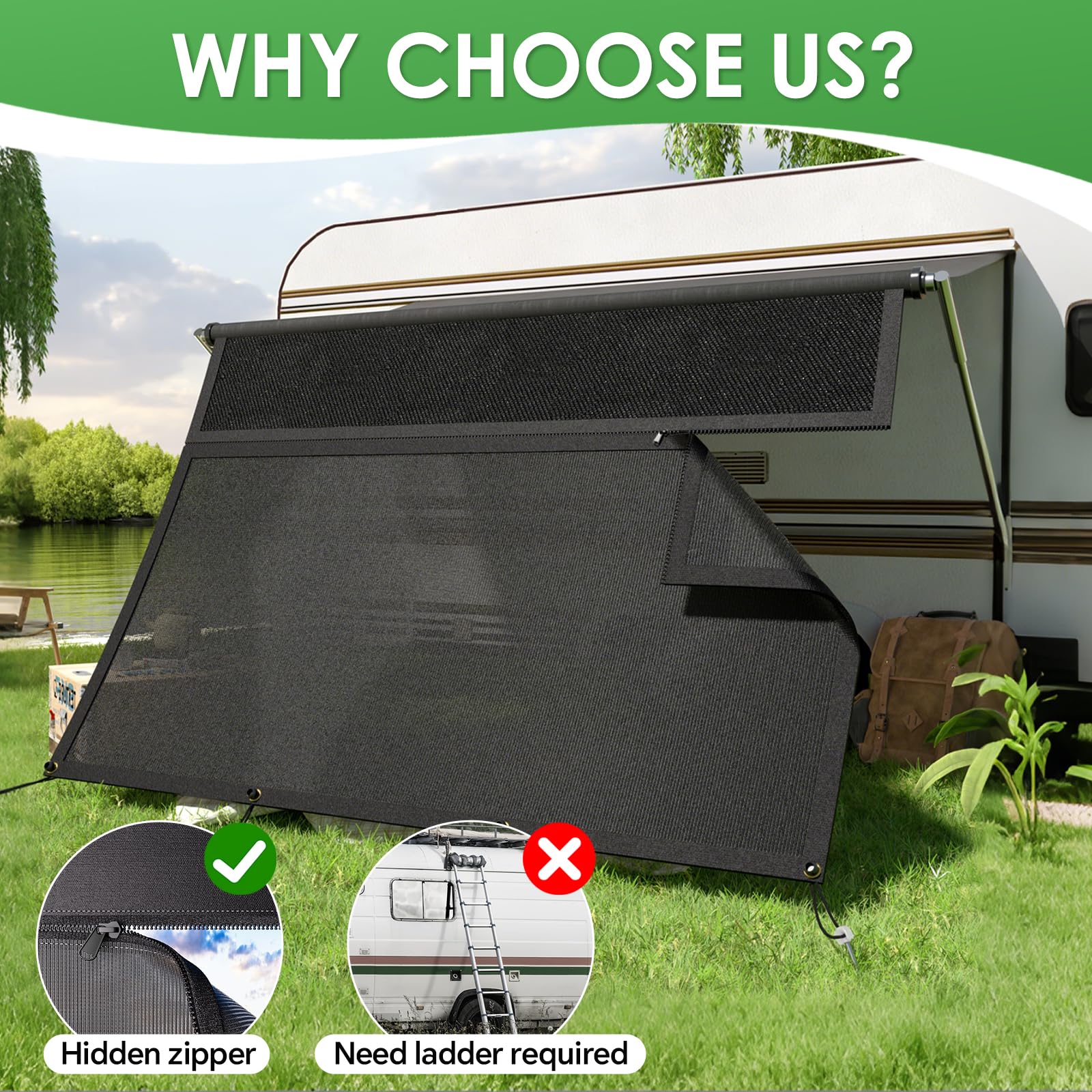 RV Awning Sun Shade, Motorhome Campervan Sun Blocker with Zipper Design, Sun Protection Privacy Screen Visual Protection for Outdoor Caravan Camping Travel (2.2x3.3m) — view 7