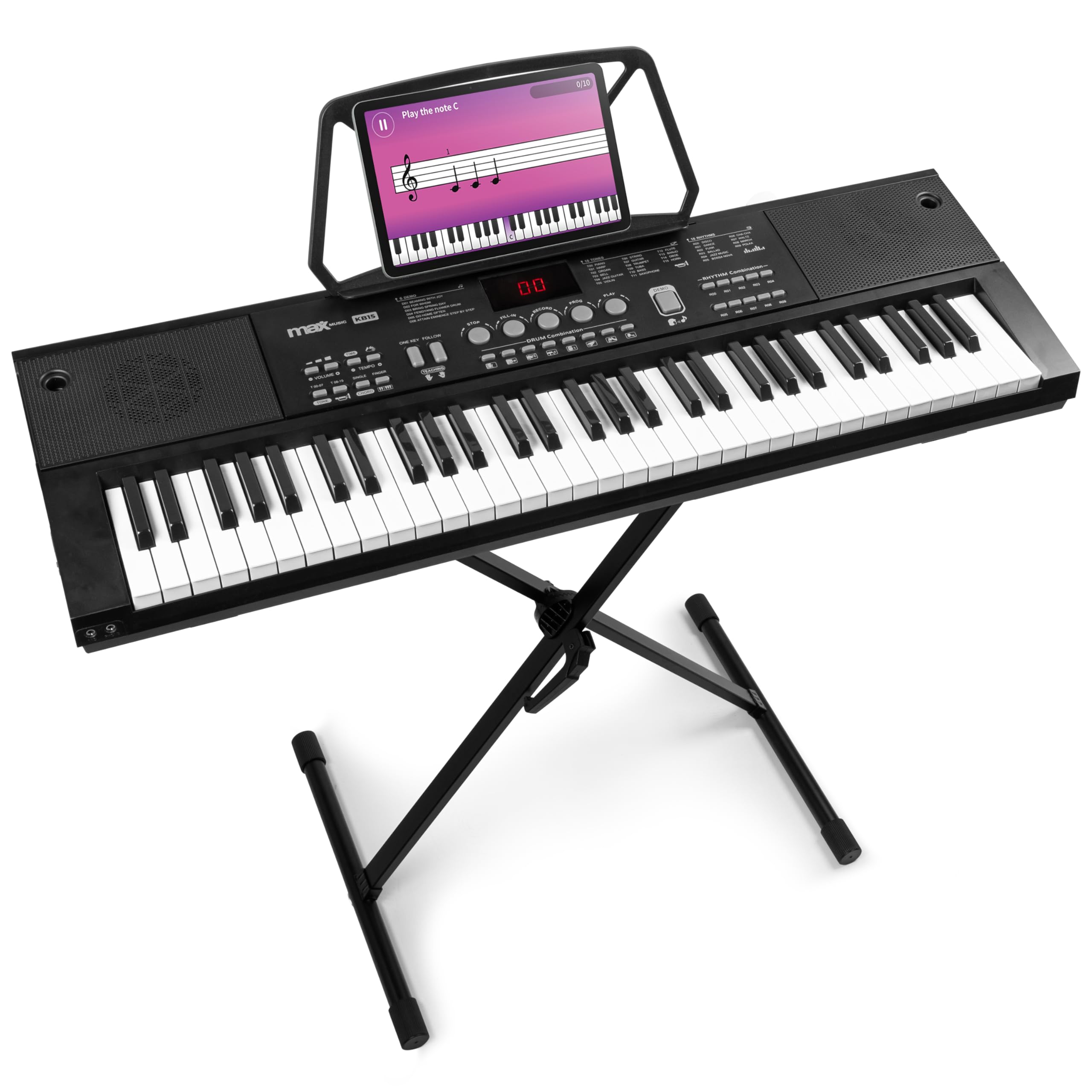 MAX KB15 - Teclado piano con 61 teclas, micrófono y pantalla, teclado con soporte, 8 horas de batería, 70 canciones, 16 sonidos, 8 percusiones, función de aprendizaje, teclado piano para niños, USB-C