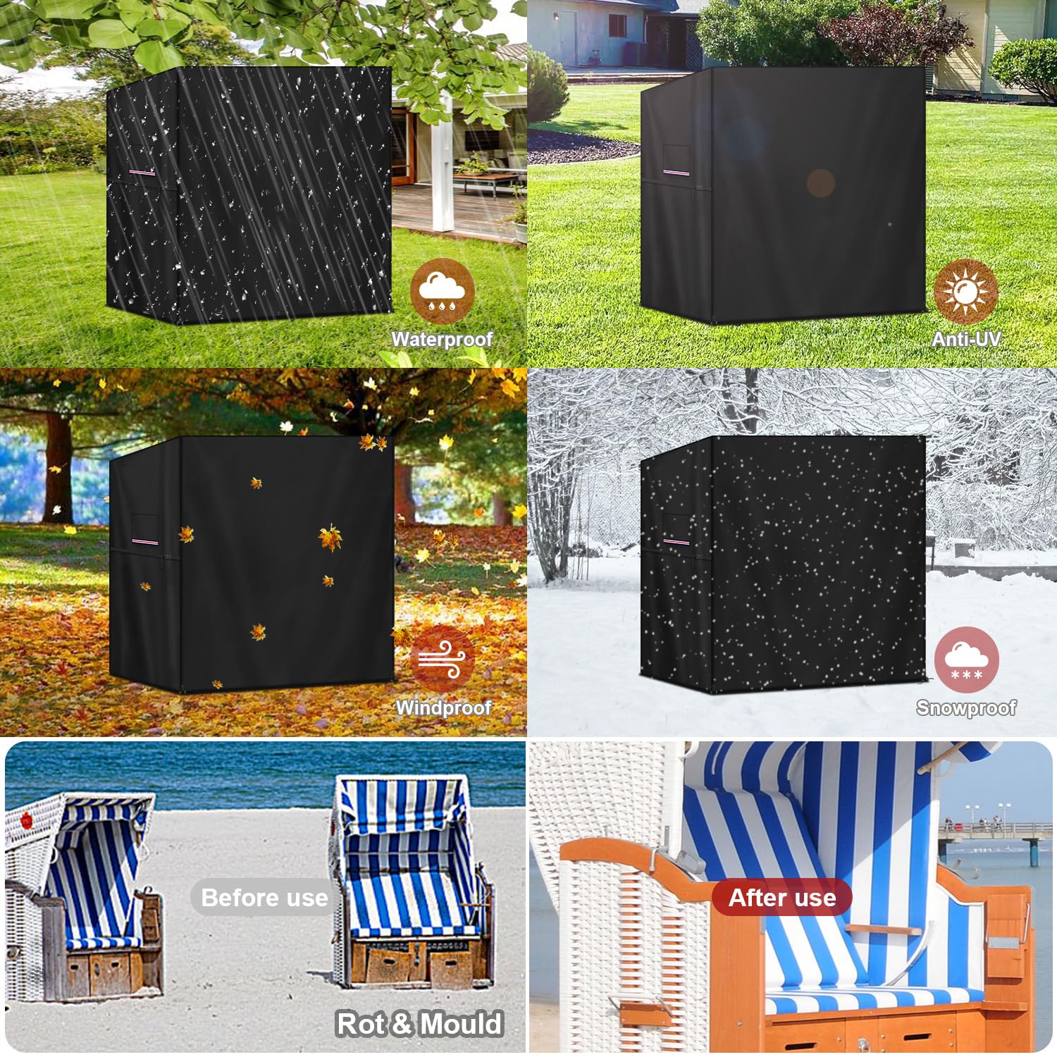 LAMUNI Funda para Sillón de Playa, 420D Oxford Cubierta para Silla de Playa de Mimbre, Anti UV Funda Impermeable para Silla de Playa, Cubierta Protectora para Sillón de Playa, 165x100x165/145cm