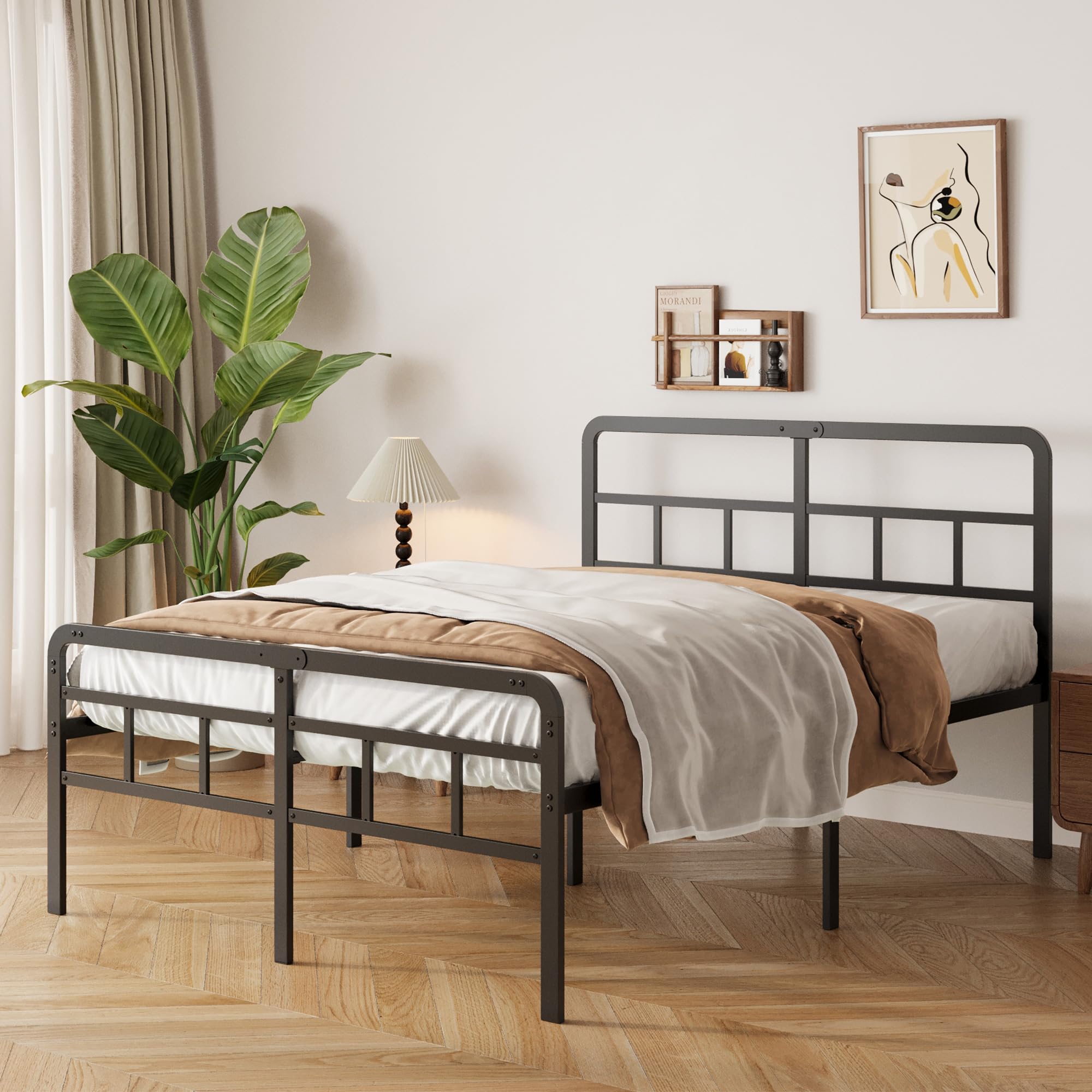 Yicensen Metalowa ramka łóżka 140x200 cm z zegarzkiem i poduszkiem łóżka, ramka metalowa o wysokości 46 cm z mocnym wspornikiem, miejsce na magazynowanie pod łóżkiem