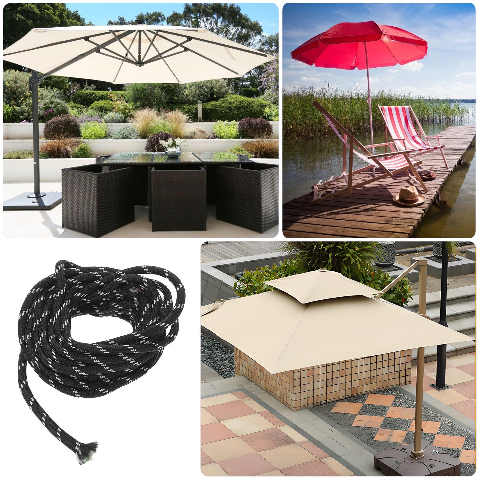 SHINEOFI Sonnenschirm Ersatzseil Geflochten 9m Schwarz Polyester Schirmseil für Outdoor Terrassenschirme und Selbstgemacht Reparaturen