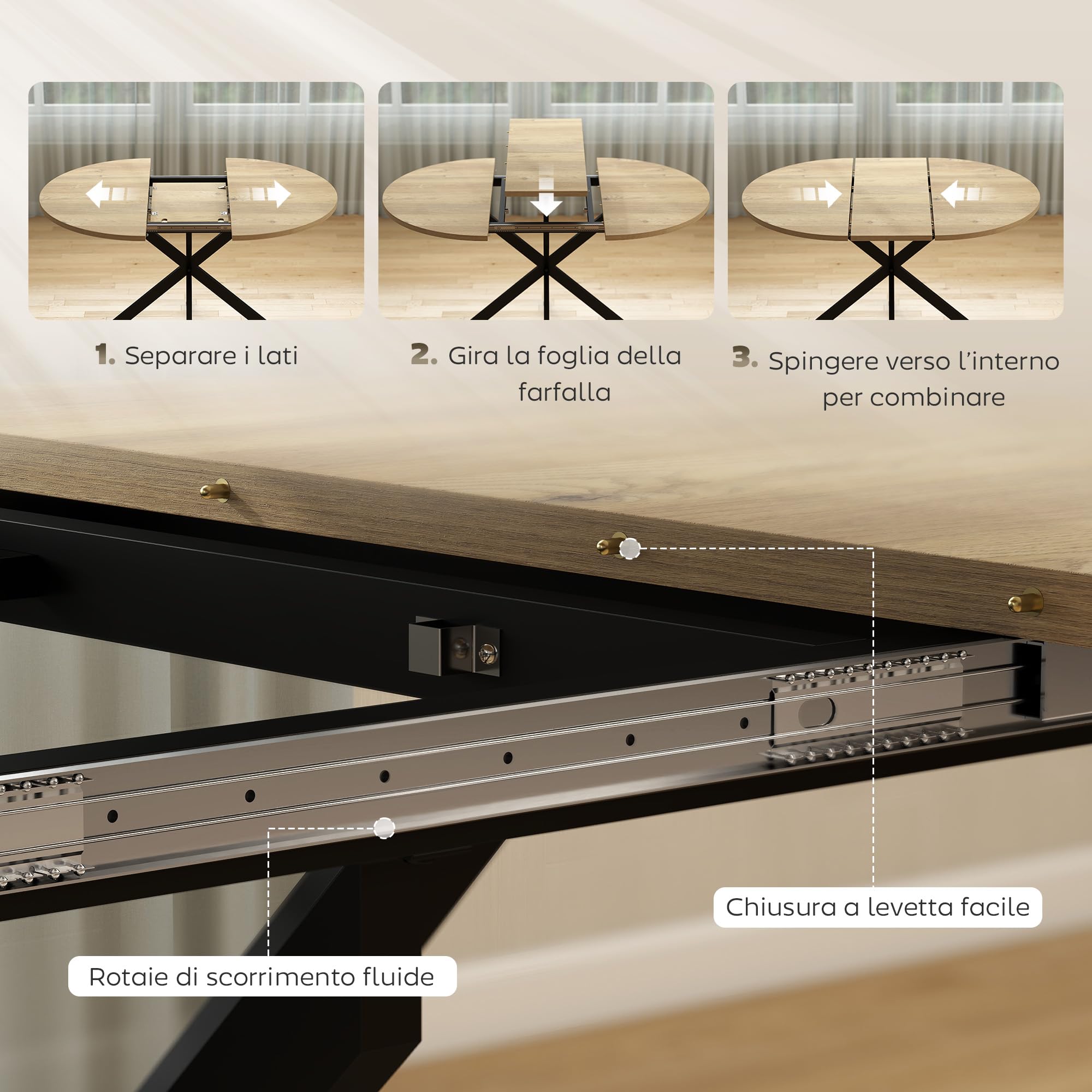HOMCOM Tavolo da Pranzo Allungabile 4-6 Persone Base X 100-135cm Naturale | Pannelli a Farfalla, Tavolo Rotondo Allungabile ad Ovale, Stile Industriale, per Sala da Pranzo, Soggiorno