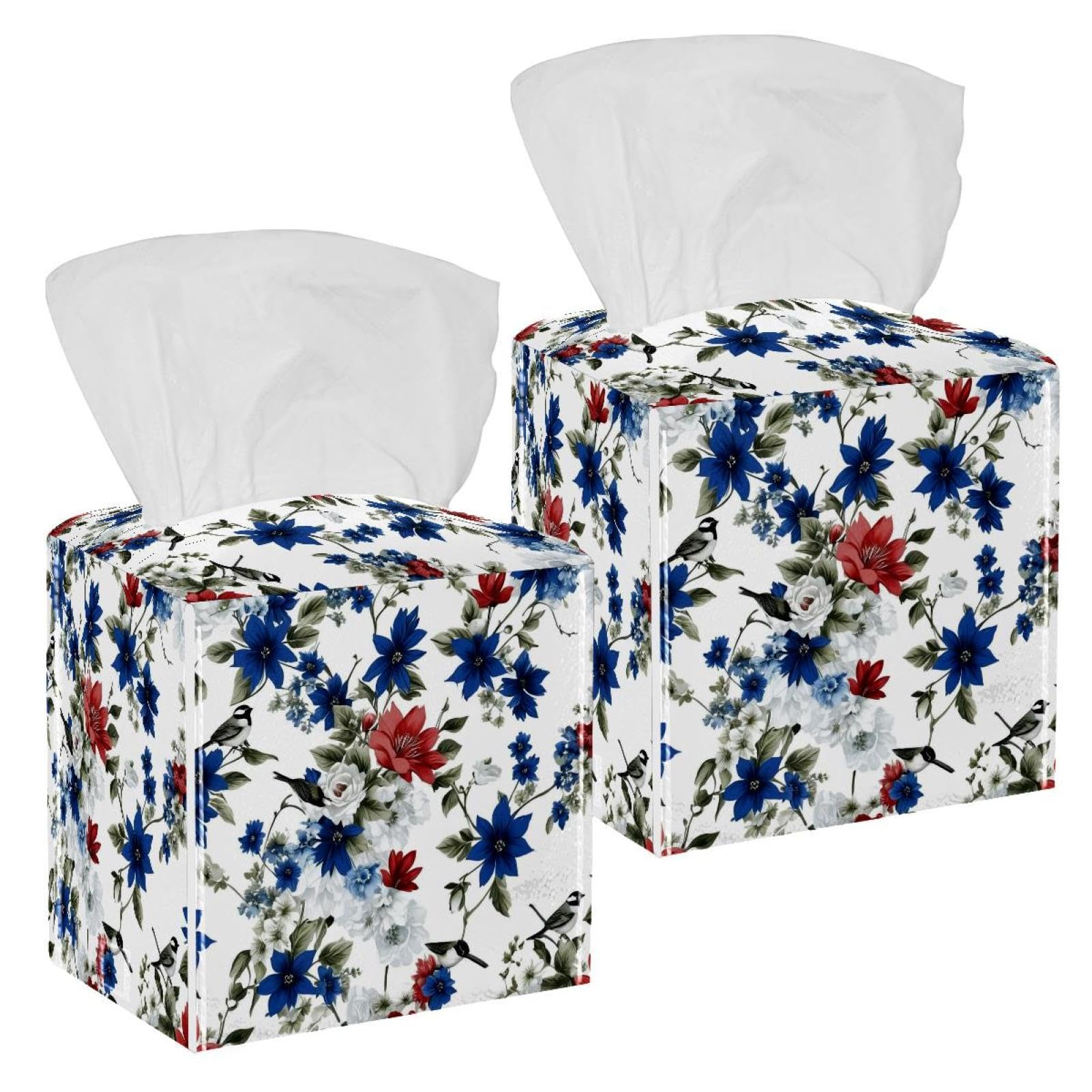 Aesthetic Flower Tissue Box Cover, 2 Pack PU Leather Square Facial Tissue Dispenser Box holder for Home Office Car