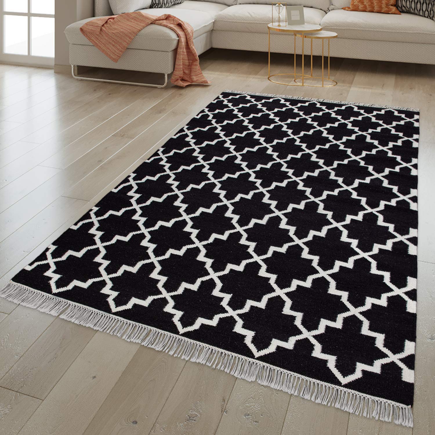 TT Home Tapis Salon Design Oriental Tissé Main avec Franges Laine Noir, Dimension:120x170 cm
