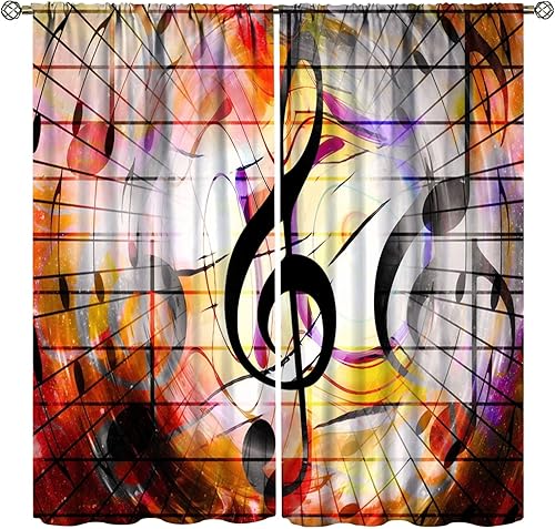 Cortinas de notas musicales, rústicas, mágicas, notas musicales, arte retro, piano y violín, cortina con bolsillo para barra para dormitorio, sala