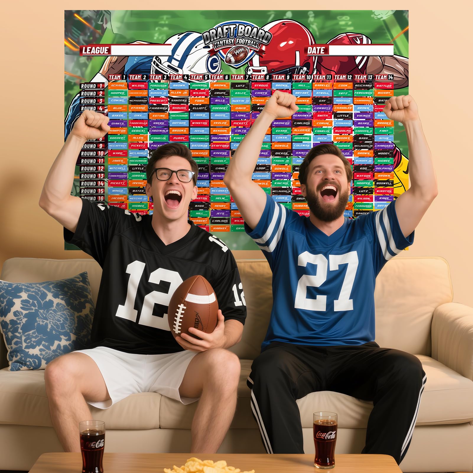Fantasy Football Draft Board Saison 2025–2026, extra groß, 15 x 100 cm, Fantasy-Fußball-Draft-Kit – 14 Teams, 20 Runden, inklusive Top-Rookies, Blanko-Etiketten, Zeitplanraster