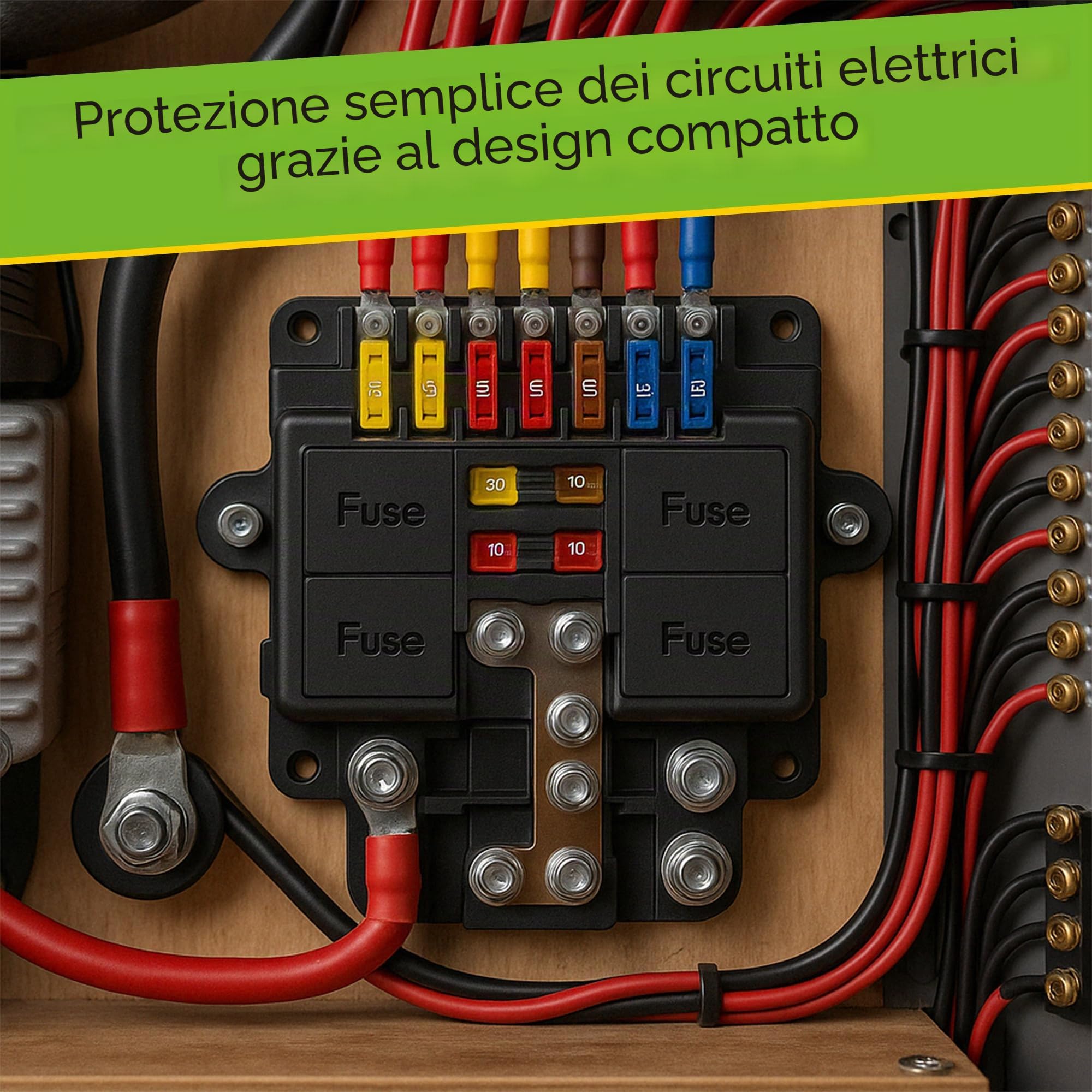Offgridtec Portafusibili per 2 mega + 4 fusibili Midi, con busbar, alloggiamento in poliammide con coperchio, robusto fusibile di distribuzione dell'alimentazione per circuiti alti e medi