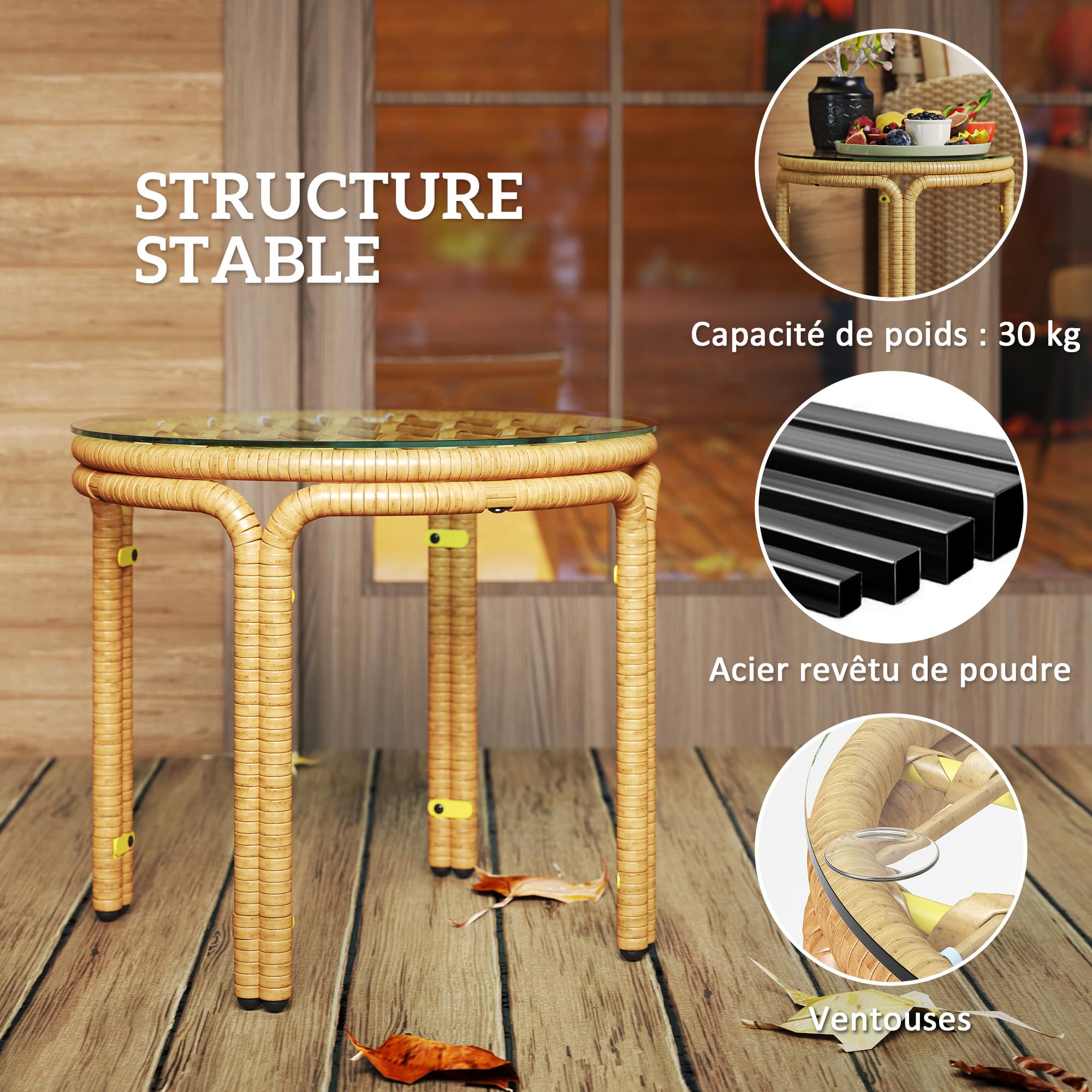 Outsunny Table d'appoint en résine tressée Ronde, Table Basse de Jardin avec Plaque en Verre, Facile à Nettoyer pour terrasse, Jardin, Balcon, Ø 50 x 44 cm, Jaune