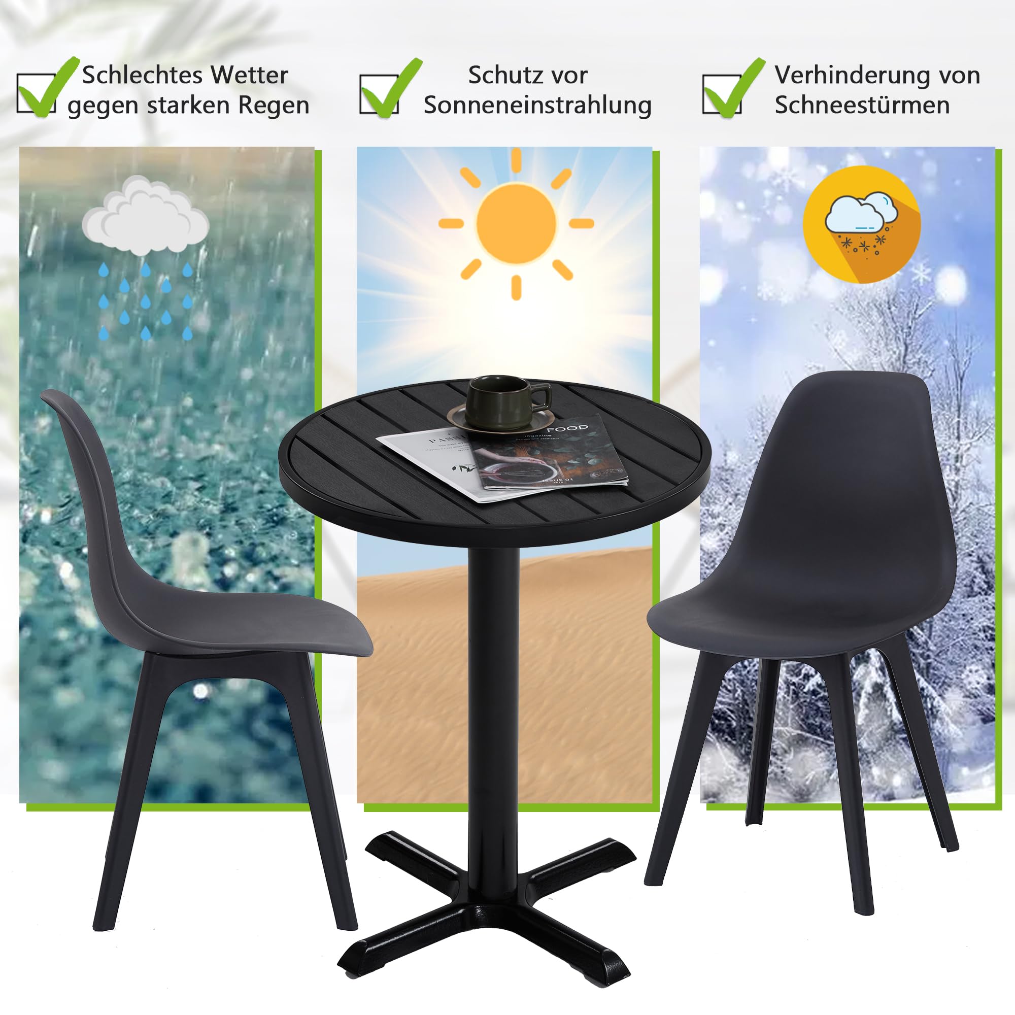 Mingone Gartentisch Rund, Balkontisch 60x60cm, Schwarz