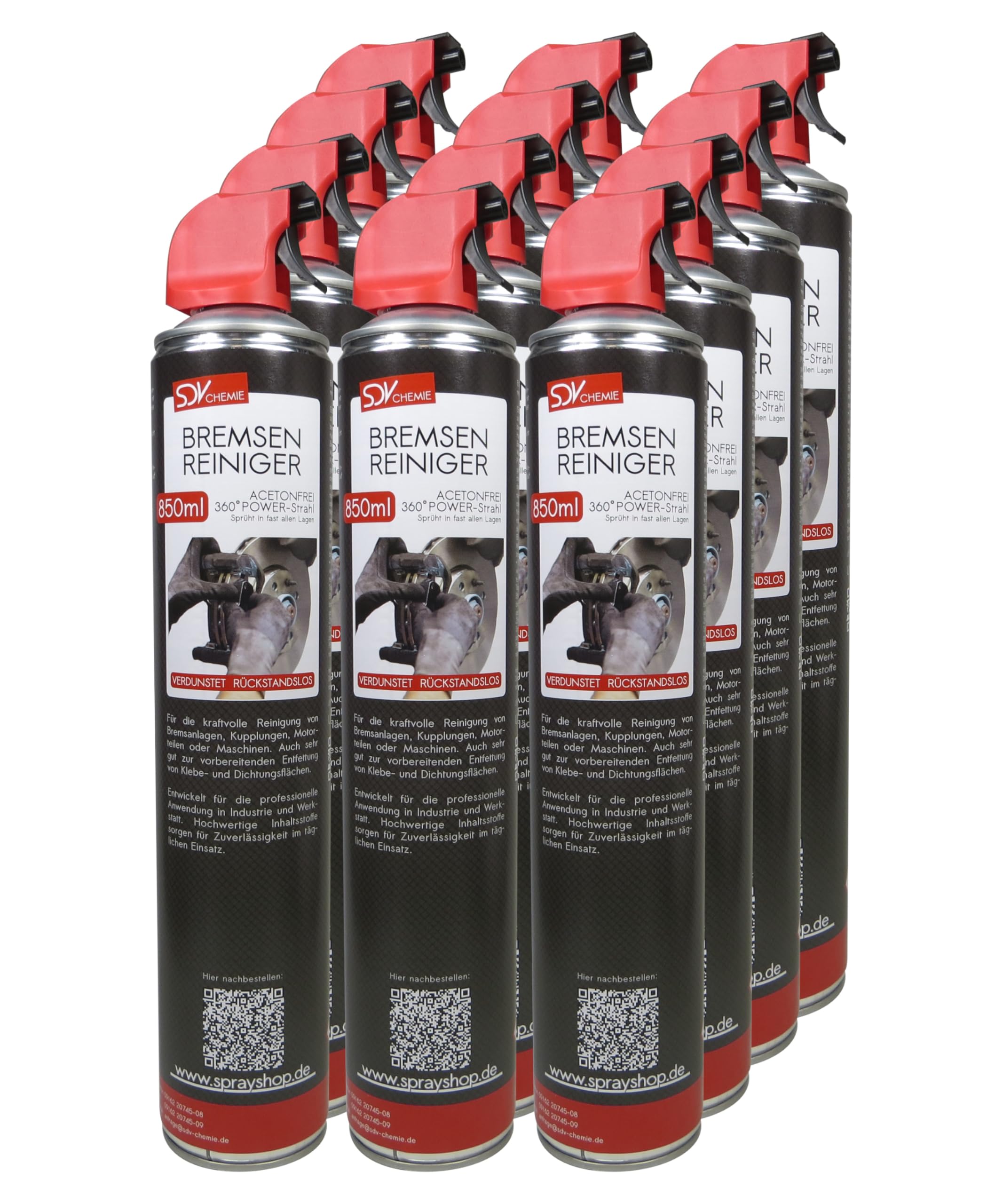 SDV Chemie Bremsenreiniger Spray 12x 850 ml Power Brake Cleaner | 360° Ventil, Trigger Sprühkopf