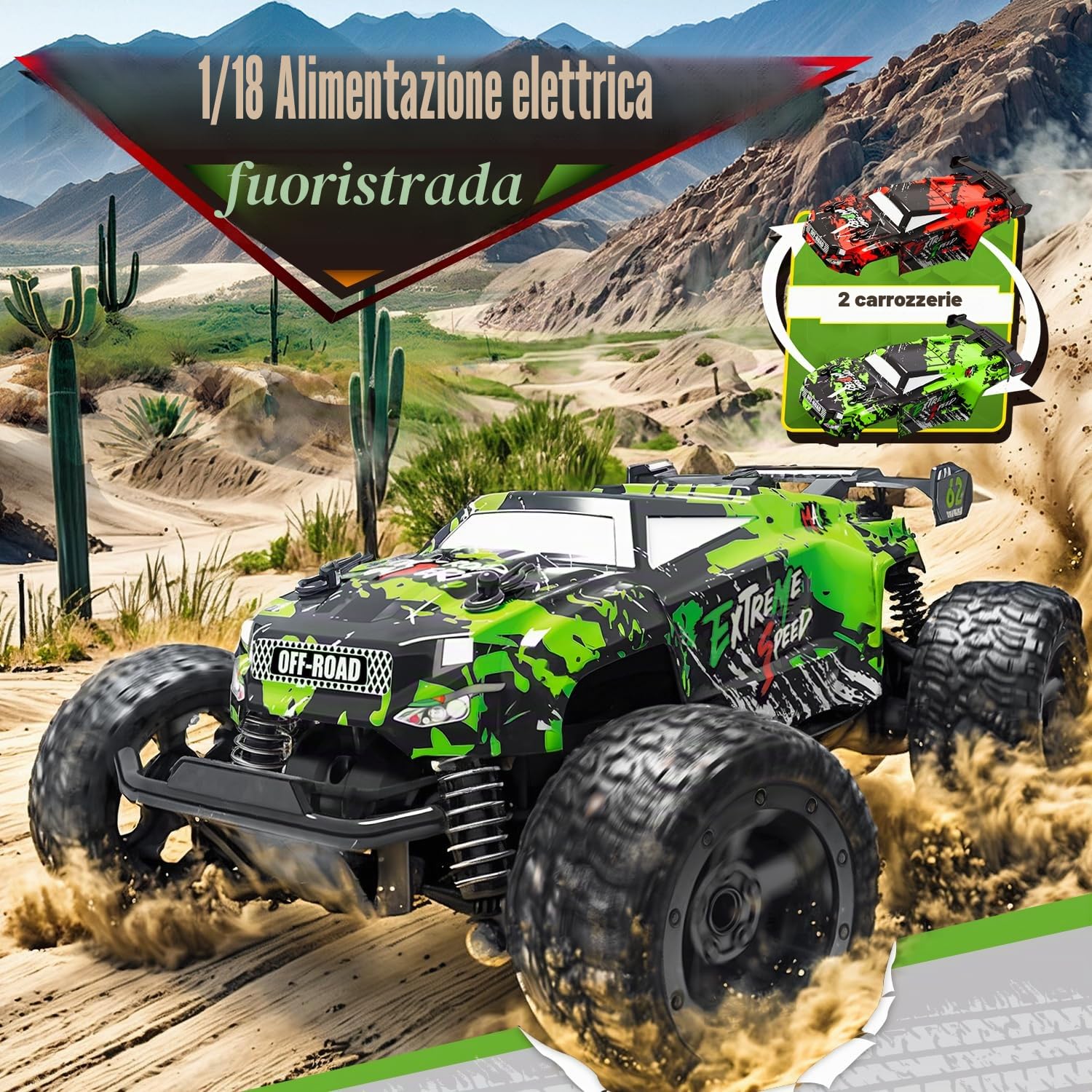 Auto telecomandata a partire dai 3 anni, 1:18 monstertruck telecomandato 20 km/h, monster truck telecomandato con luce della carrozzeria/due alloggiamenti, 2,4 GHz, rc auto