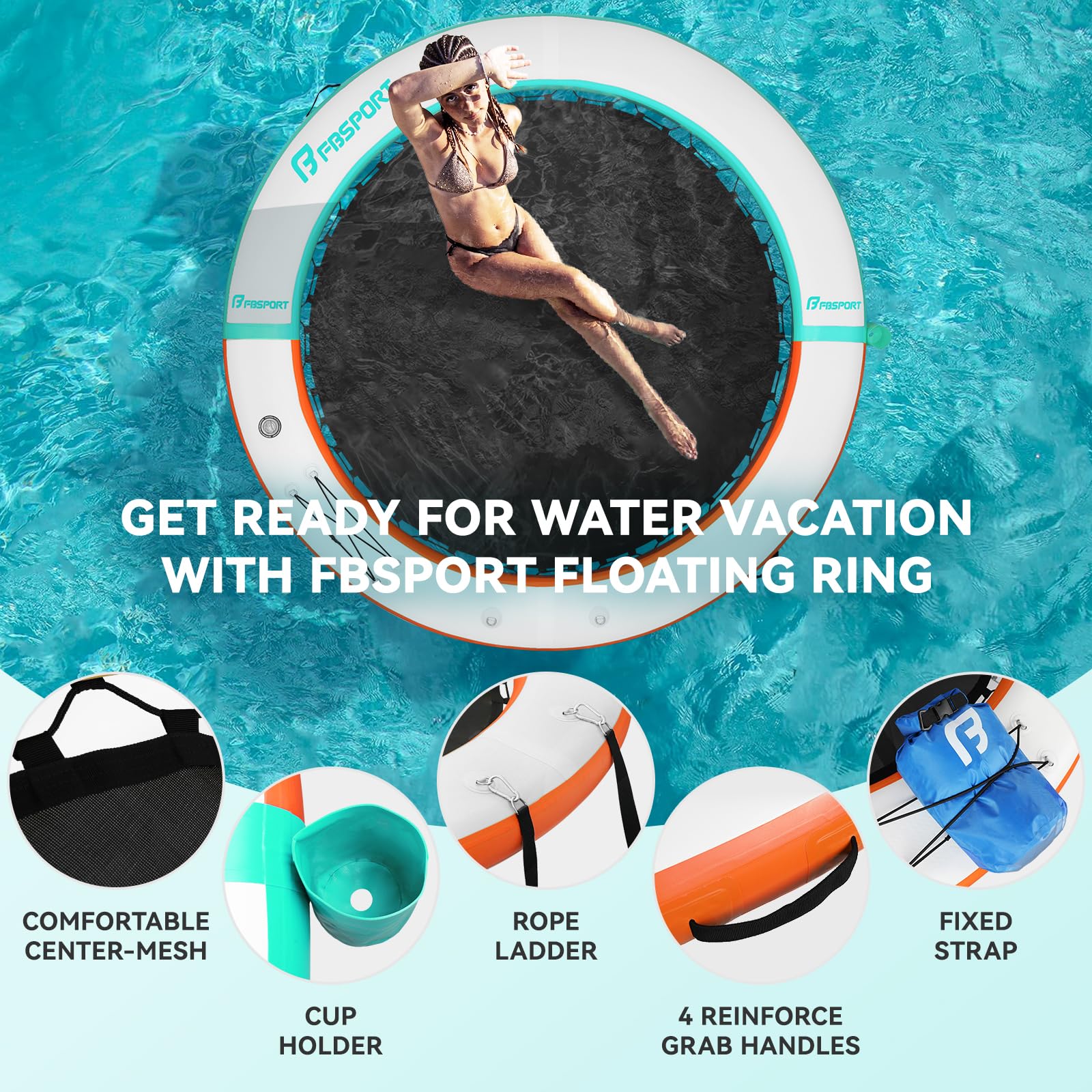 FBSPORT Schwimmende Insel für mehrere Personen, runde Schwimmplattform mit Getränkehalter, strapazierfähige Schwimminsel für See, rutschfeste Schwimmplattform für Pool & Meer, wahlweise 6/8/10 Fuß