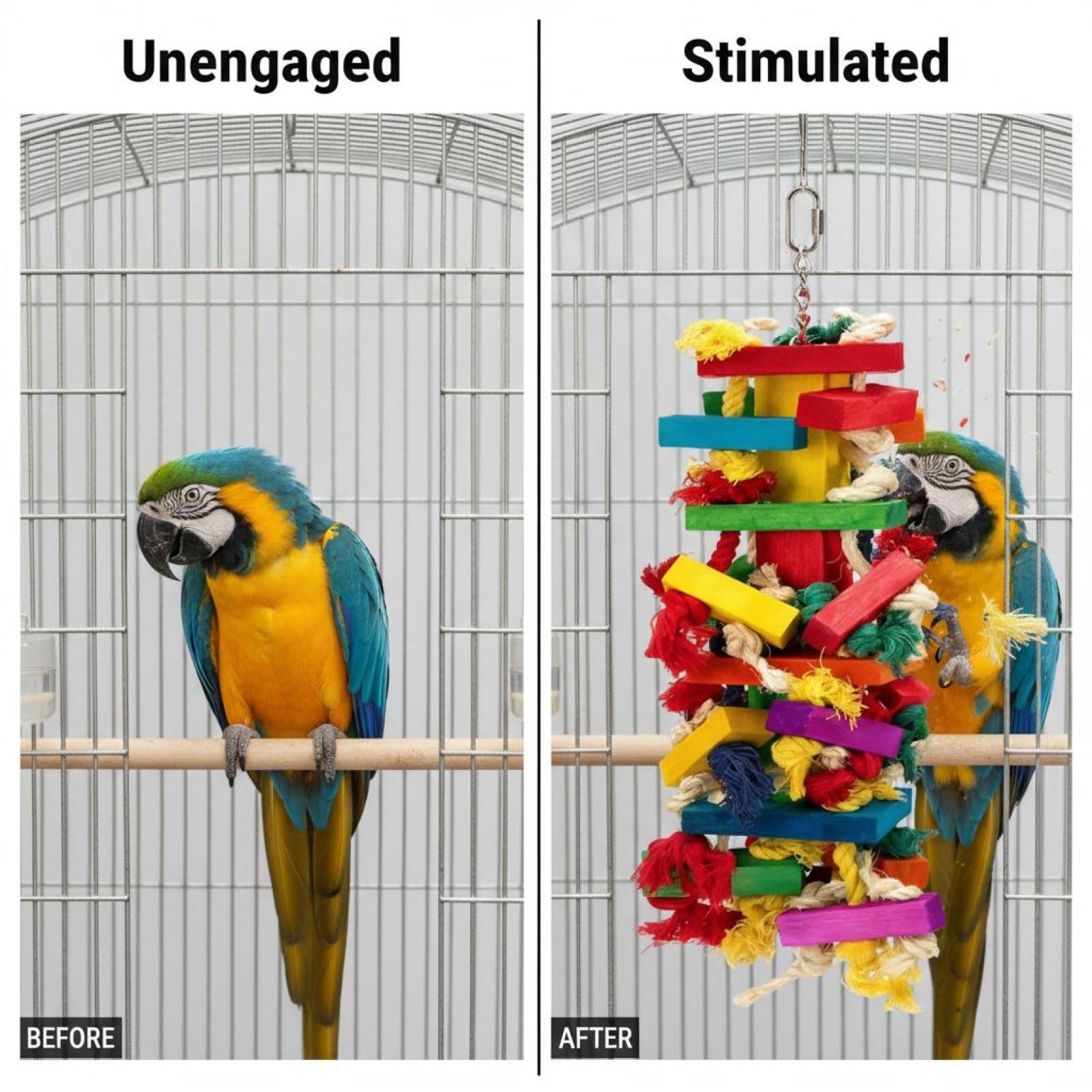 Generisch Gran juguete de madera para pájaros de 43 cm para guacamayos, juguete colorido para masticar loros con cuerda de algodón, bloques de madera seguros para colgar en la jaula de loros para
