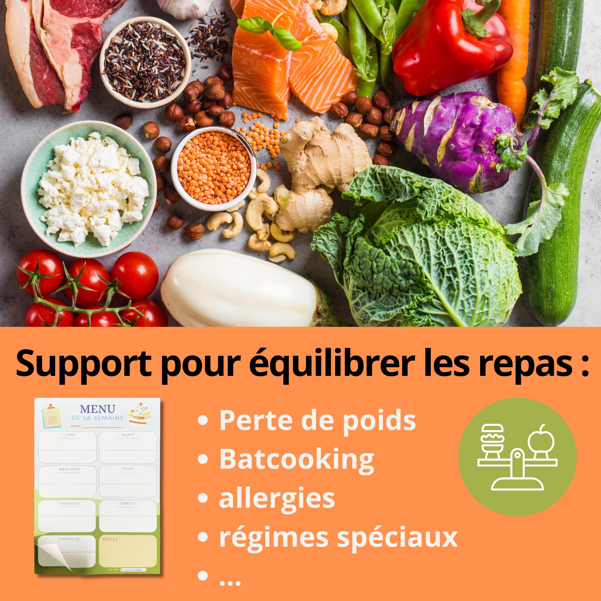 Bloc menu de la semaine - planificateur des repas hebdomadaire A5 - organisation quotidien 50 pages