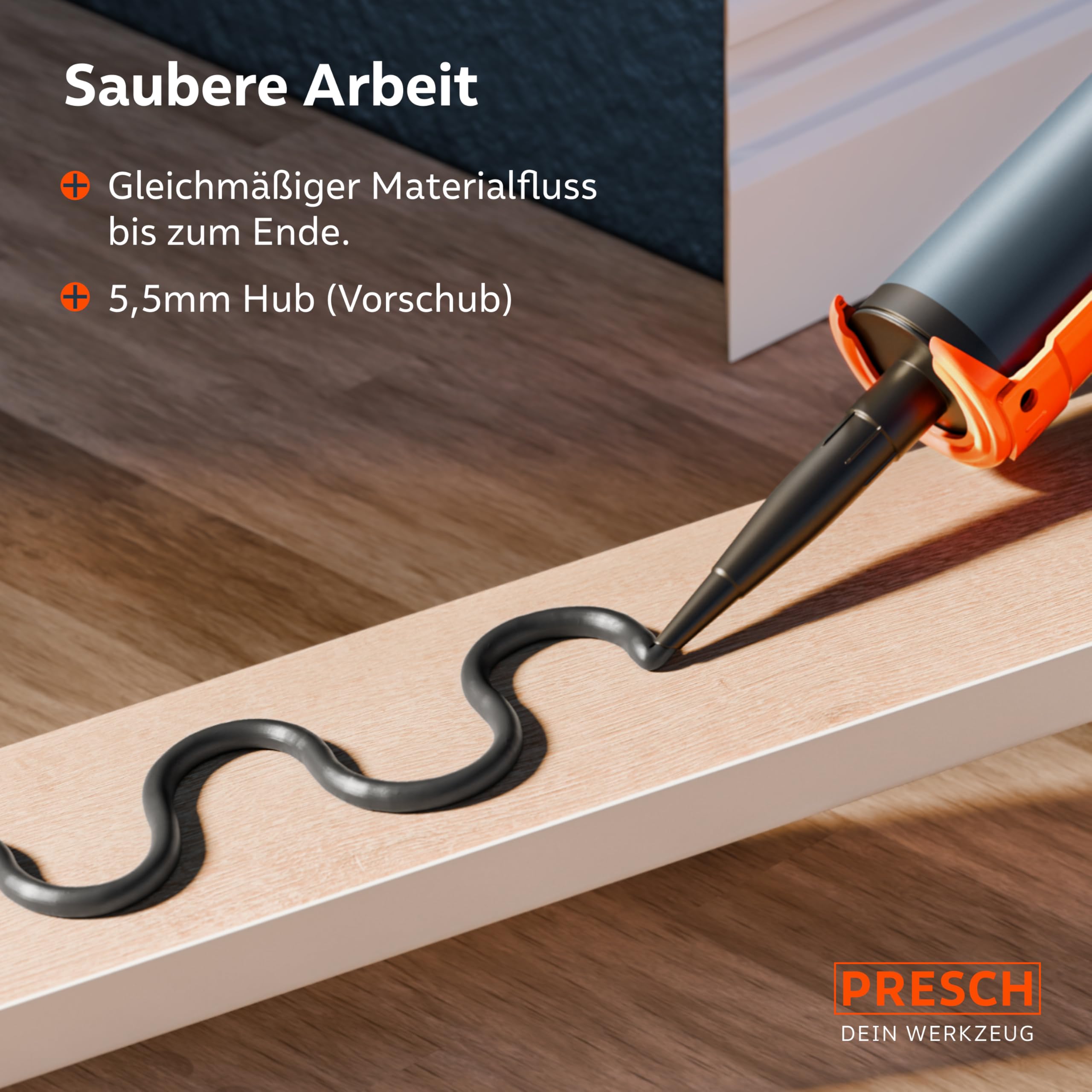 Presch Kartuschenpresse 18:1 Übersetzung & Nachlaufstopp - Silikonspritze für Kartuschen bis 310ml (Mittlere Viskosität, Montagekleber) - Kartuschenpistole 360° drehbar inkl. Einstechwerkzeug