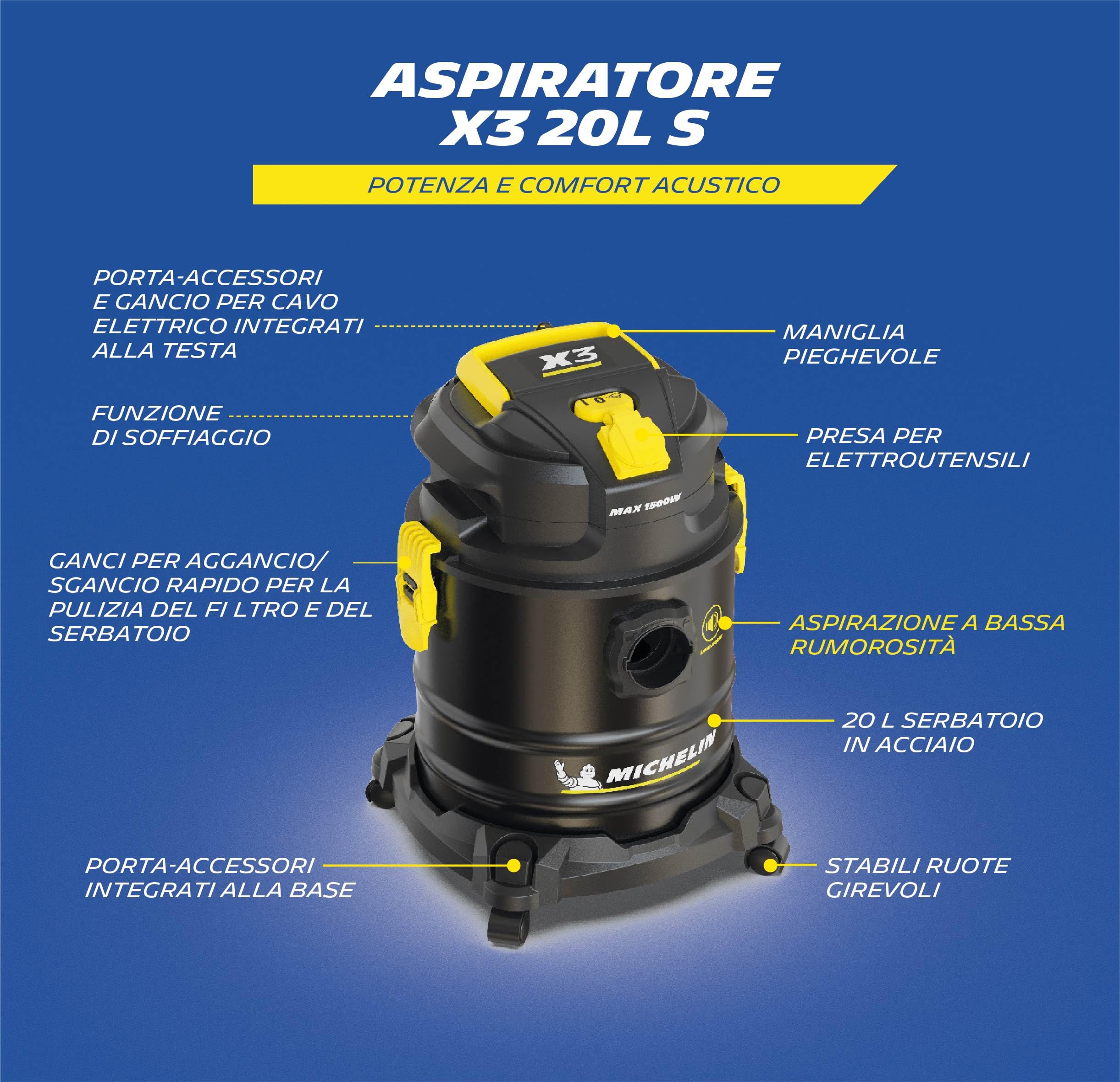 MICHELIN, Aspiratore Solidi e Liquidi, X3 20L S, Gamma SILENZIOSA, Serbatoio in Acciaio da 20 L, con Presa Elettroutensili, 800 W, Completo di Accessori, Funzione di Soffiaggio, 18 kPa