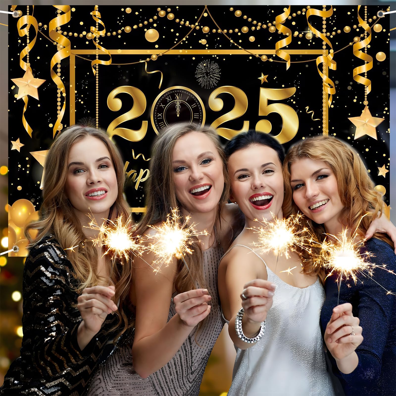 2025 New Year's Eve Decoration Large Happy New Year Banner 2025 Happy New Year Decorations Banner New Years Backdrop Decoration for New Year Indoor and Outdoor Decoration (180 x 110 cm),Black Gold B - Image 4