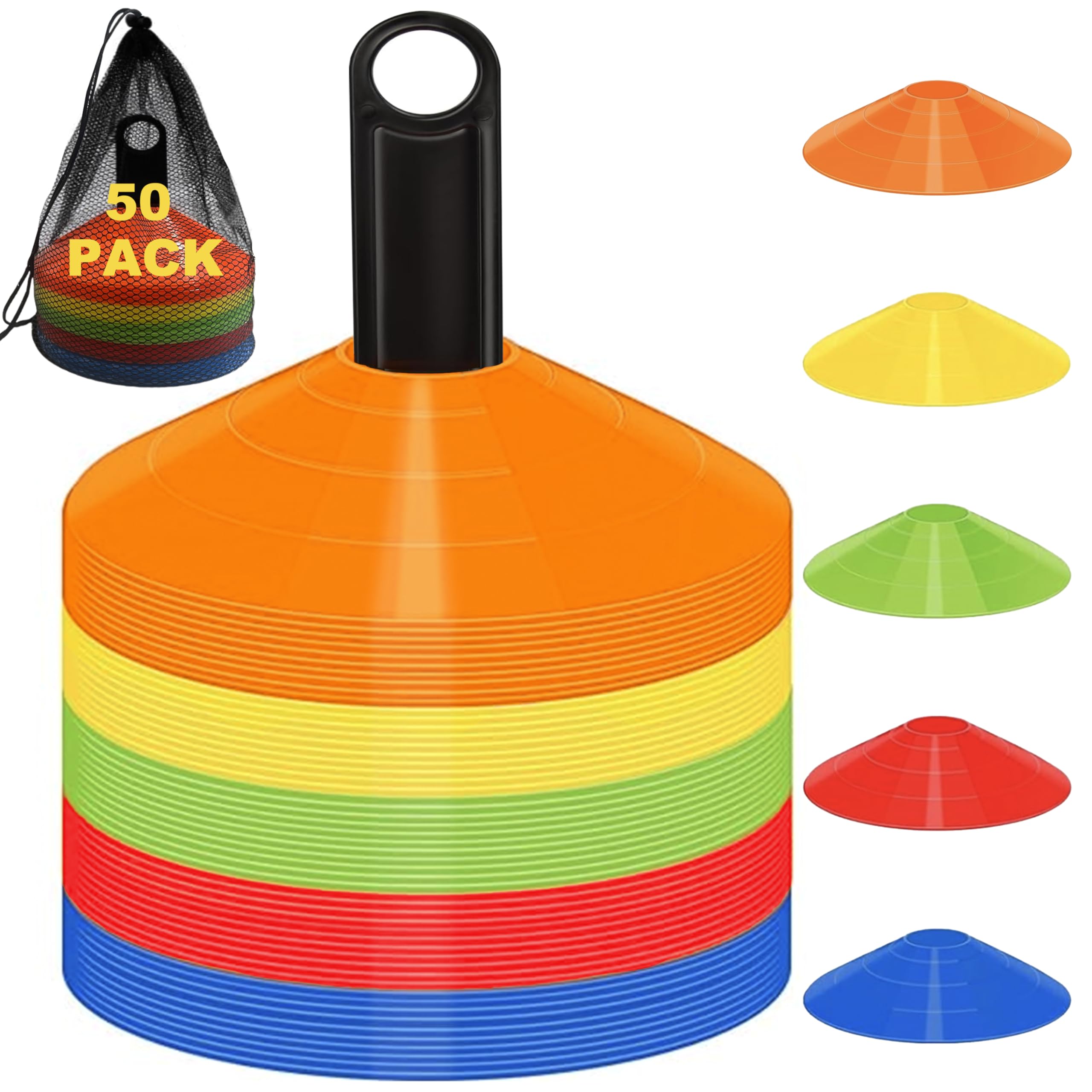 25/50 Pack Disc Cones for Sports, Agility Training Cone for Soccer, Football, Basketball, Coaching, Practice Equipment with Carry Bag and Holder, 5 Color