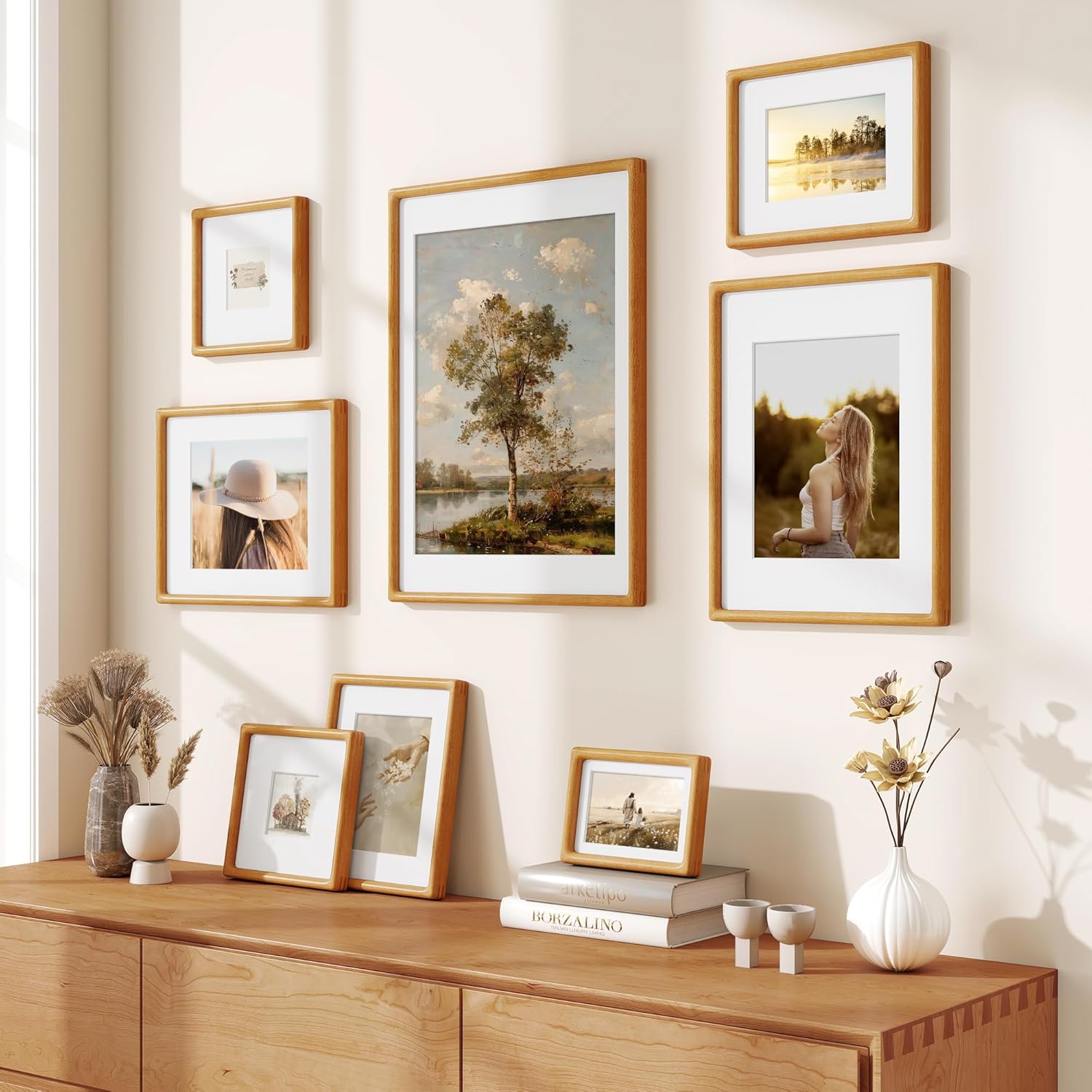 Acovy 11x14 Solid Wood Picture Frame, Natural Teak Wood Photo Frame with Tempered Glass, Mortise and Tenon Rounded Corner 11 x 14 Wooden Frame Matted to 6x8 Photos, Wall or Tabletop Display