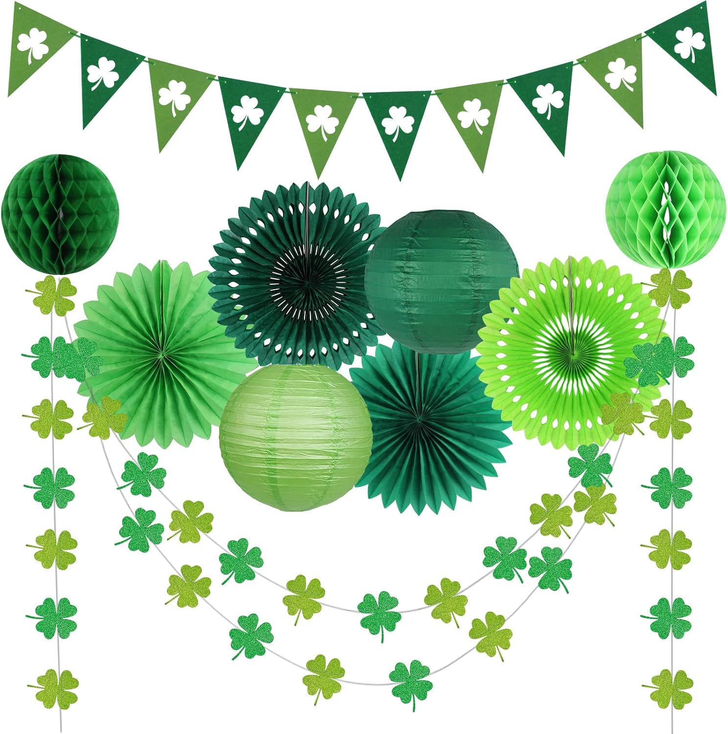 St Patricks Day Decorations, Green Party Supplies Four-leaf Clover Garland Tissue Paper Fan Paper Lantern for Irish Party Saint Patricks Day Decor