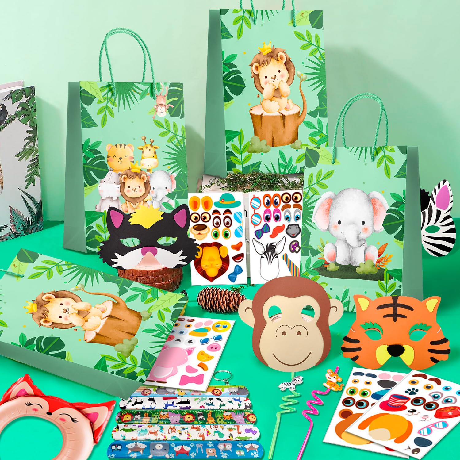 Regali di Animali della Giungla, 60 Pcs Set Bomboniere Safari - Sacchetti Animali Slap Bracelets Maschere Fasce per Capelli Gonfiabili Cannucce a Spirale Giungla Party Regalo per Bambino