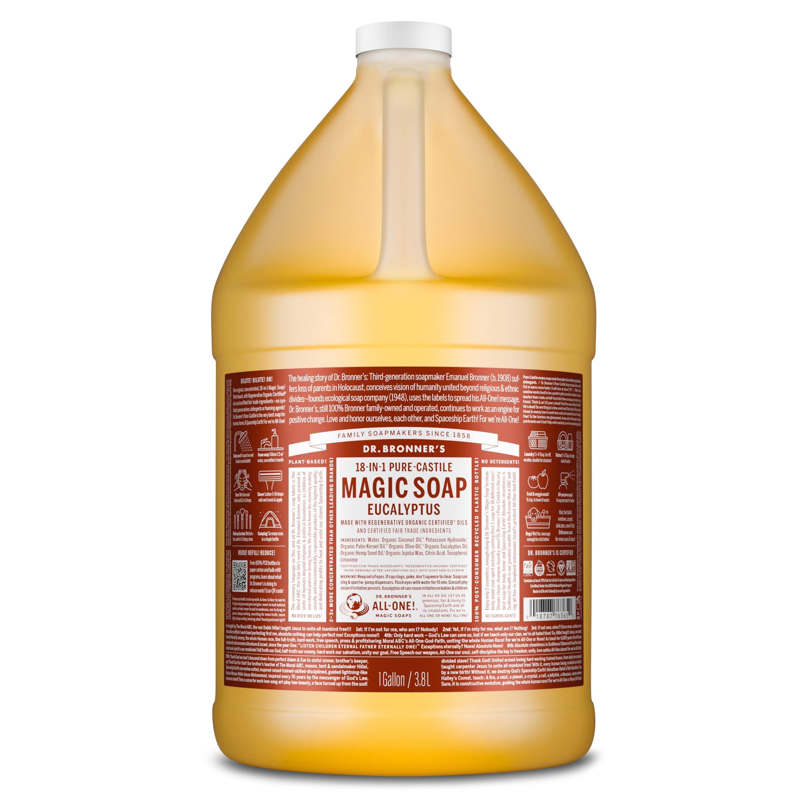 Dr. Bronner's Pure-Castile Magic Soap Liquid (Eucalyptus, 1 Gallon) - Made with Regenerative Organic Certified Oils, 18-in-1 Uses: Face, Body, Hair, Laundry, Pets and Dishes, Concentrated, Vegan